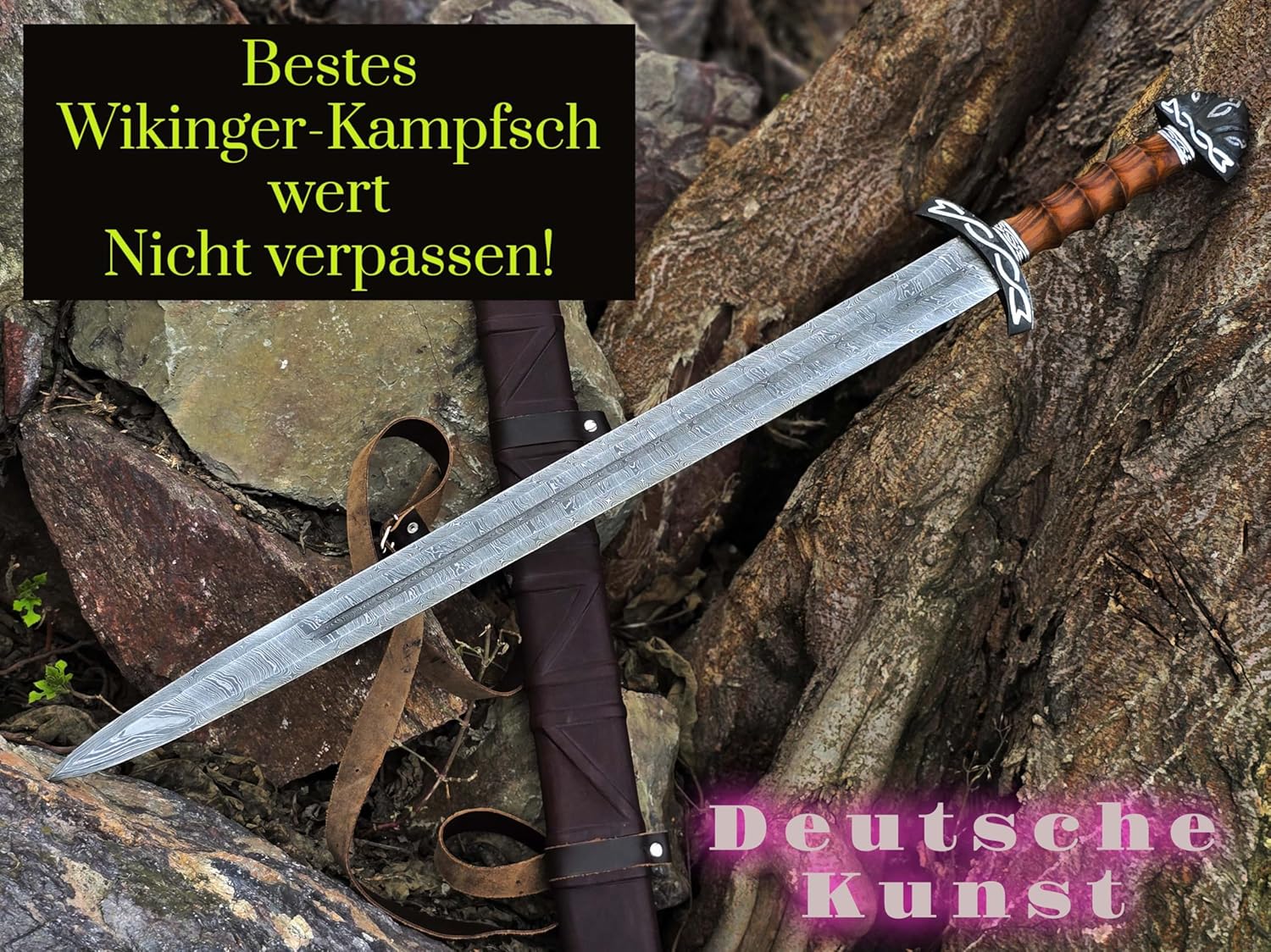 Viking Sword 40" Damascus Steel Double Flute Wood Zinc Handle Sheath Medieval Collection