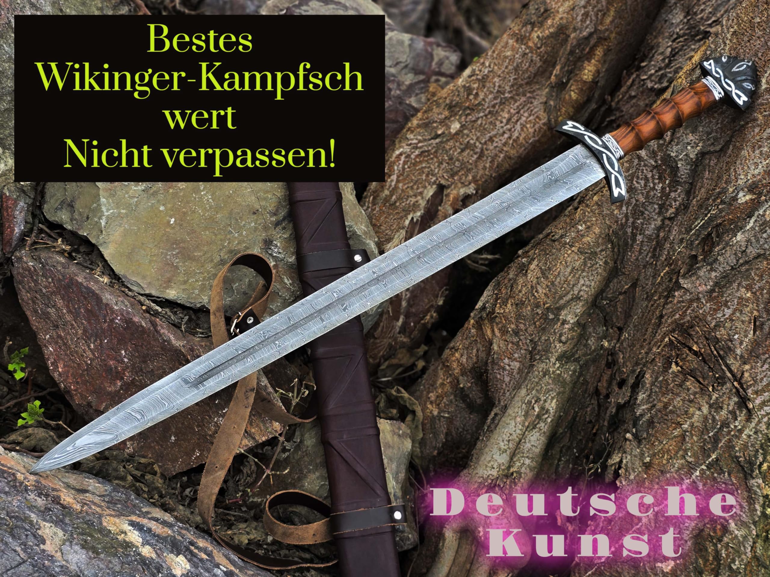 Wikinger-Schwert, 101 cm, Damaszener Stahl, Doppelschneidig mit Hohlkehle, Holz-Zink-Griff, Scheide, Mittelalter-Kollektion