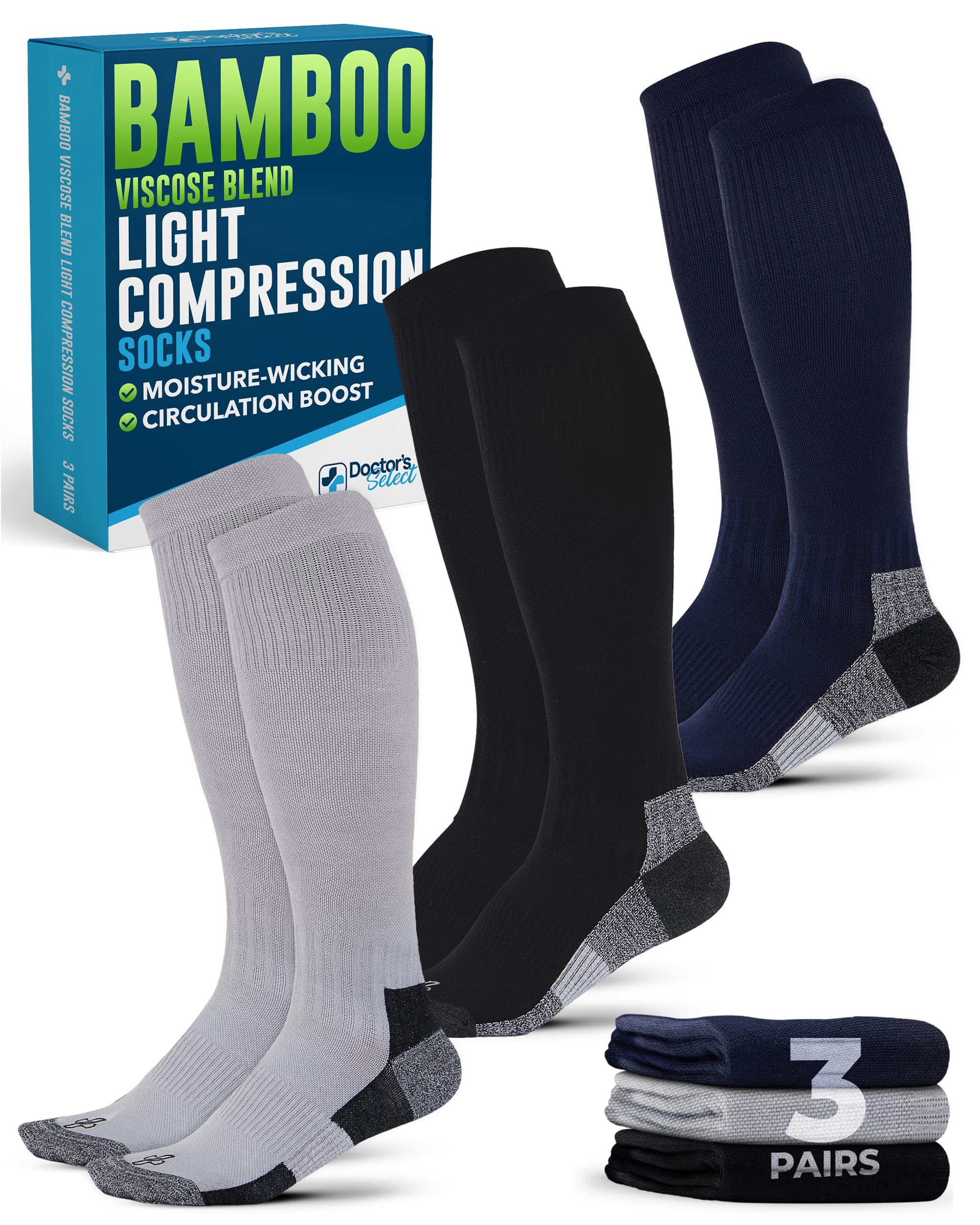 Pembrook Doctor's Select Light Compression Socks for Men - 3 Pairs, Knee High Comfort and Support, 8-15 mmHg Compression Socks for Men 9-12, Black, Light Gray, Navy/BotDes/3-image-24