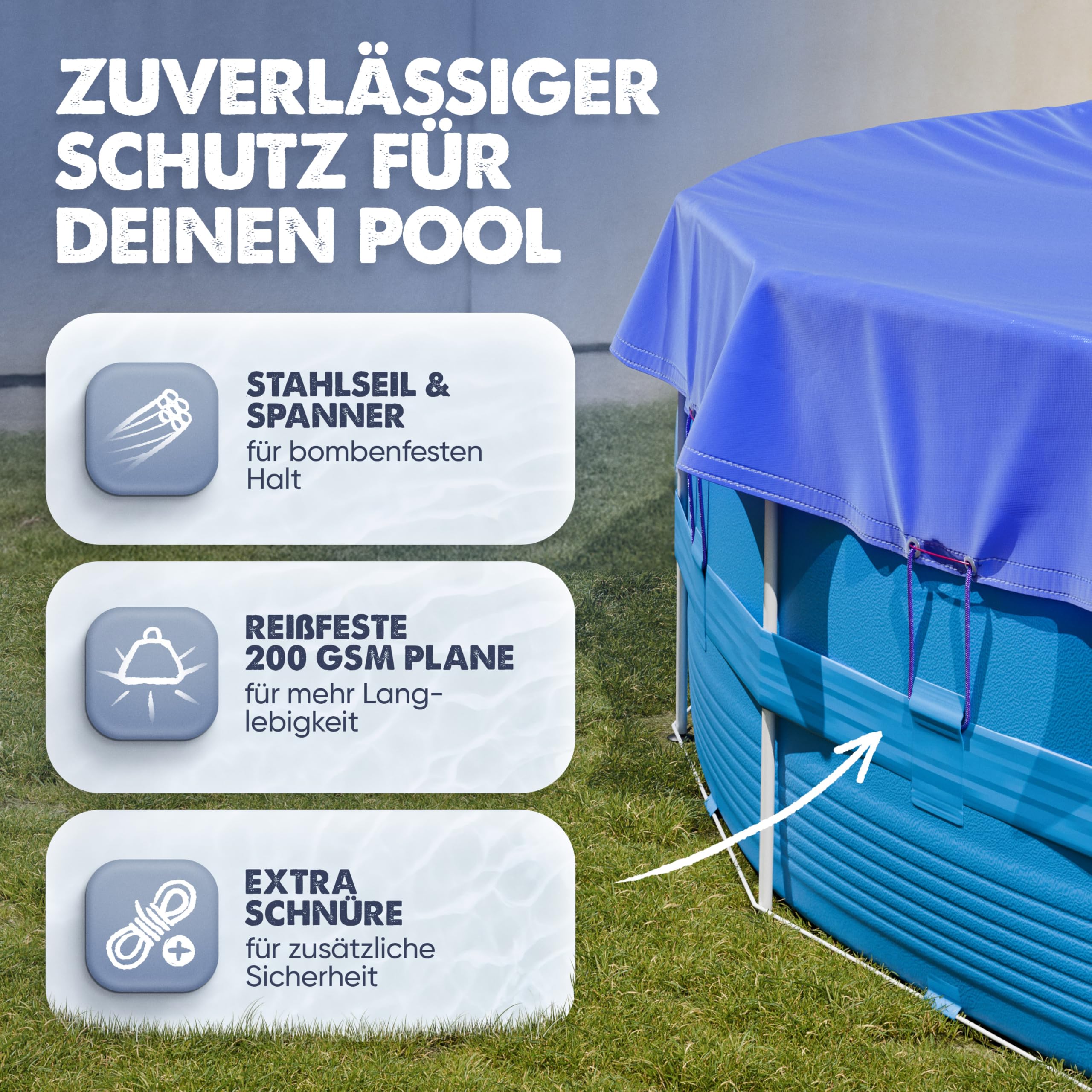 Poolabdeckung rund Ø 366 cm – Winterfeste Abdeckplane aus 200 GSM Material – Passend für Intex & Bestway Pools (Ø 420 cm Planenmaß)