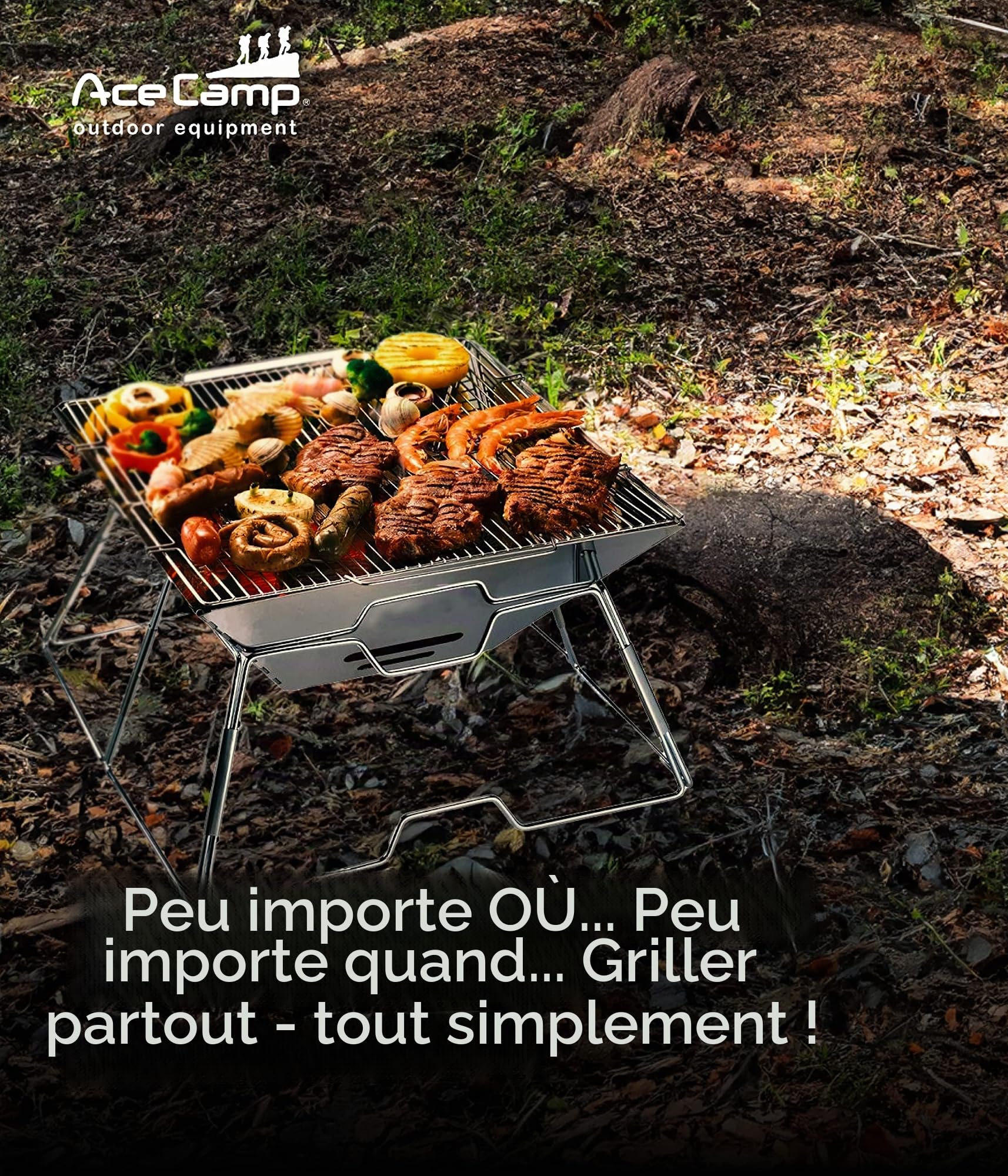 AceCamp BBQ Barbecue à Charbon Barbecue de Camping Classique Grande, Pliable, Barbecue, Compact, Acier Inoxydable
