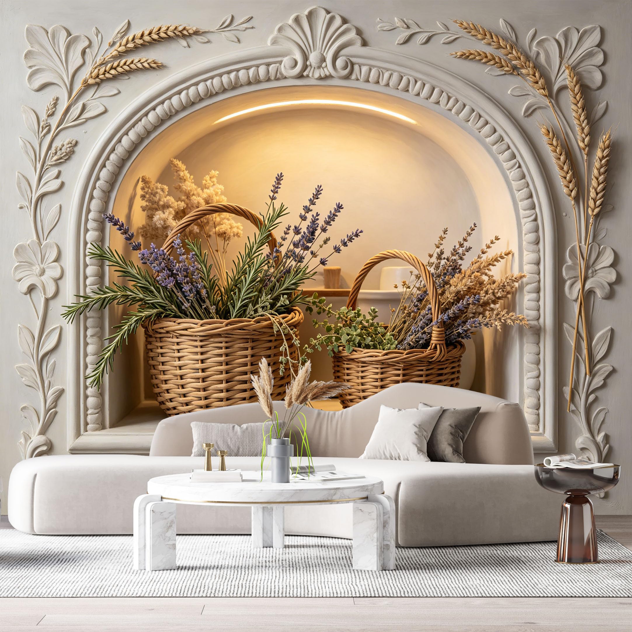 Custom Size Wall Murals Neoclassical Botanical Farmhouse Wicker Baskets Lavender 3D Trompe L'Oeil SelfAdhesiveWall Fabric Removable Wallpaper Wall Decor for Living Room Bedroom Bathroom