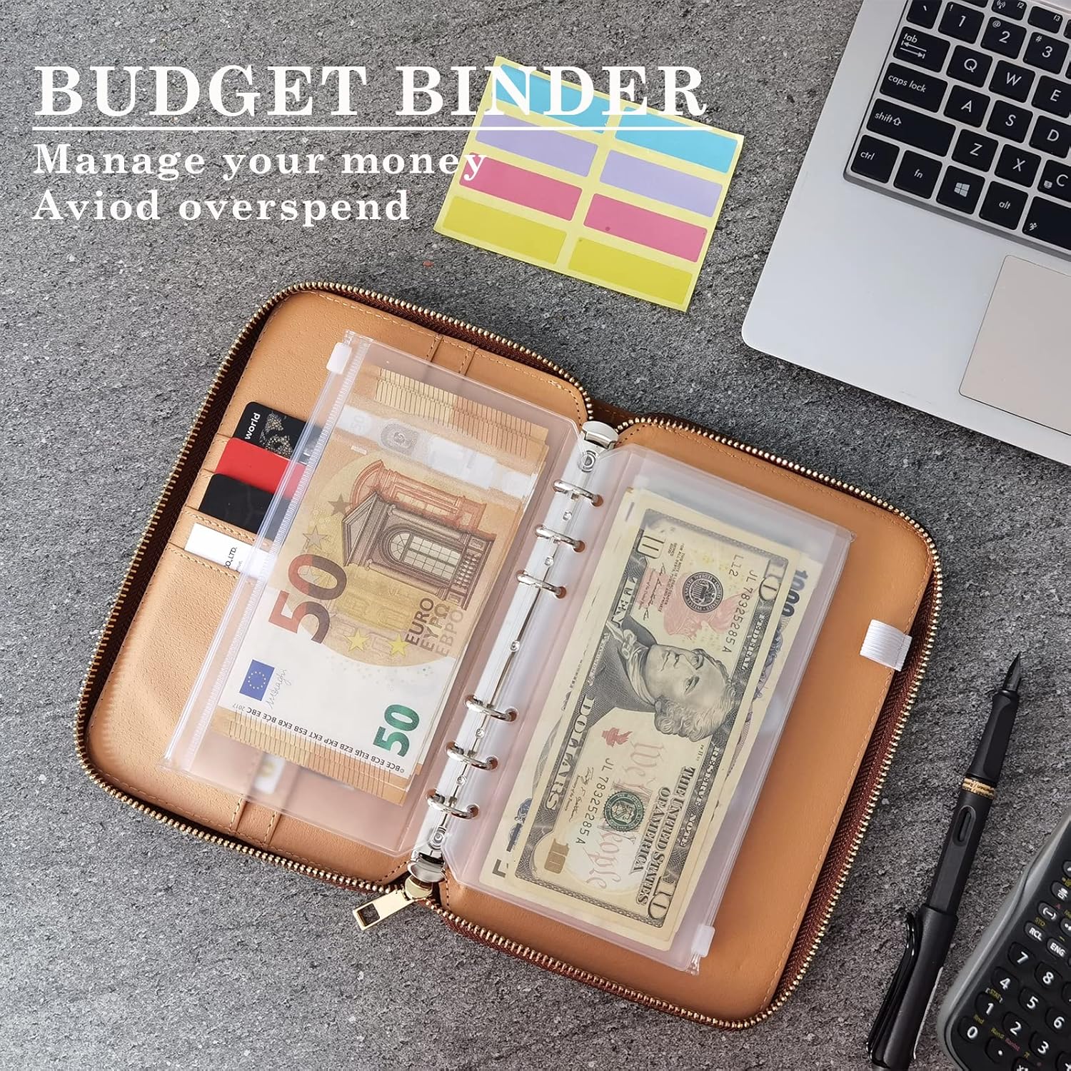 A6 Leather Budget Binder Cash Envelopes System Wallet Budget Planner PU Leather Cover Notebook with Zipper 6 Rings Refillable Money Wallet Organizer for Cash Budgeting and Saving (Brown) - Image 7