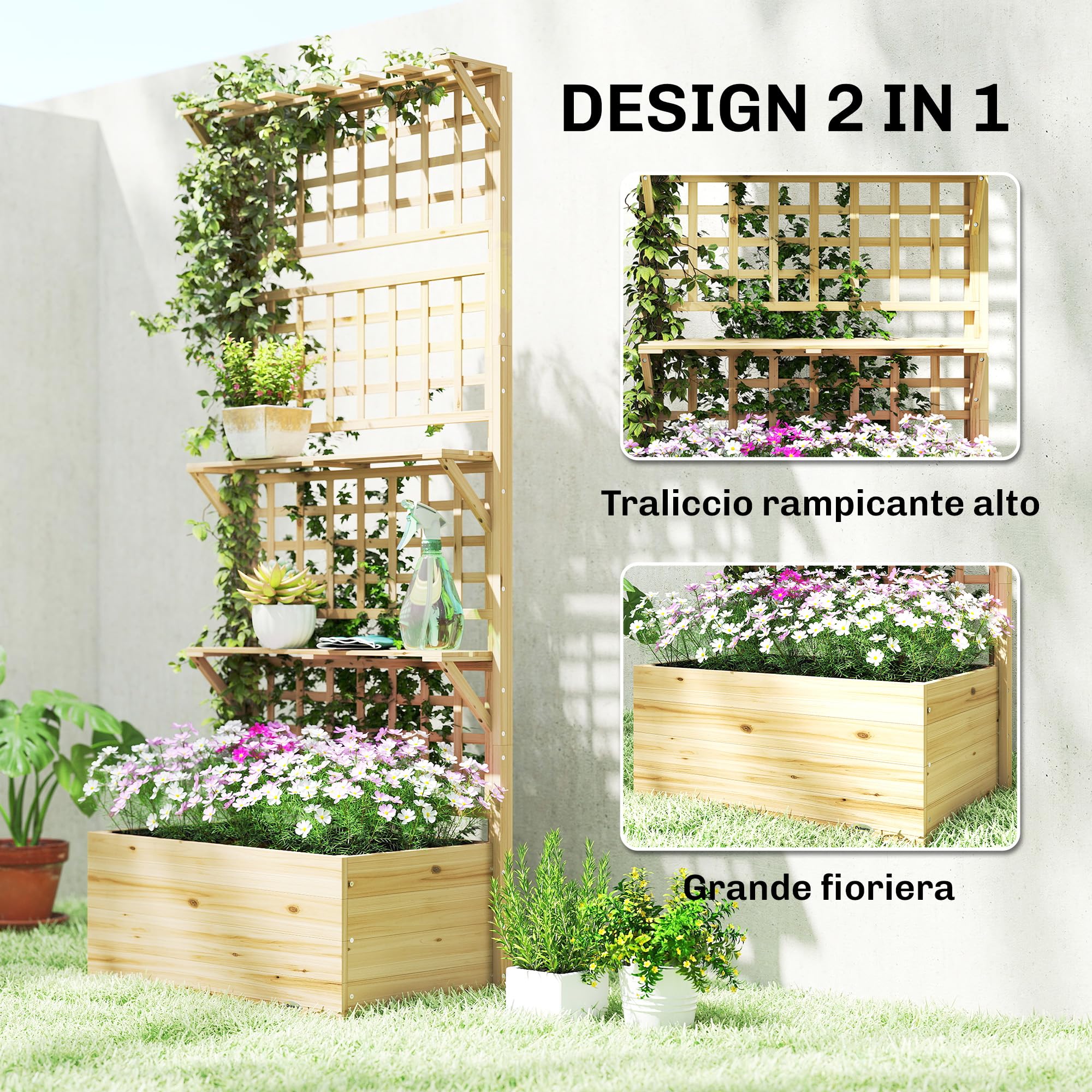 Outsunny Aiuola Rialzata in Legno con Traliccio e Tetto, Fioriera da Esterno Elevata con 2 Mensole, Foro di Drenaggio e Rivestimento per Piante Rampicanti, Verdure e Fiori, Naturale