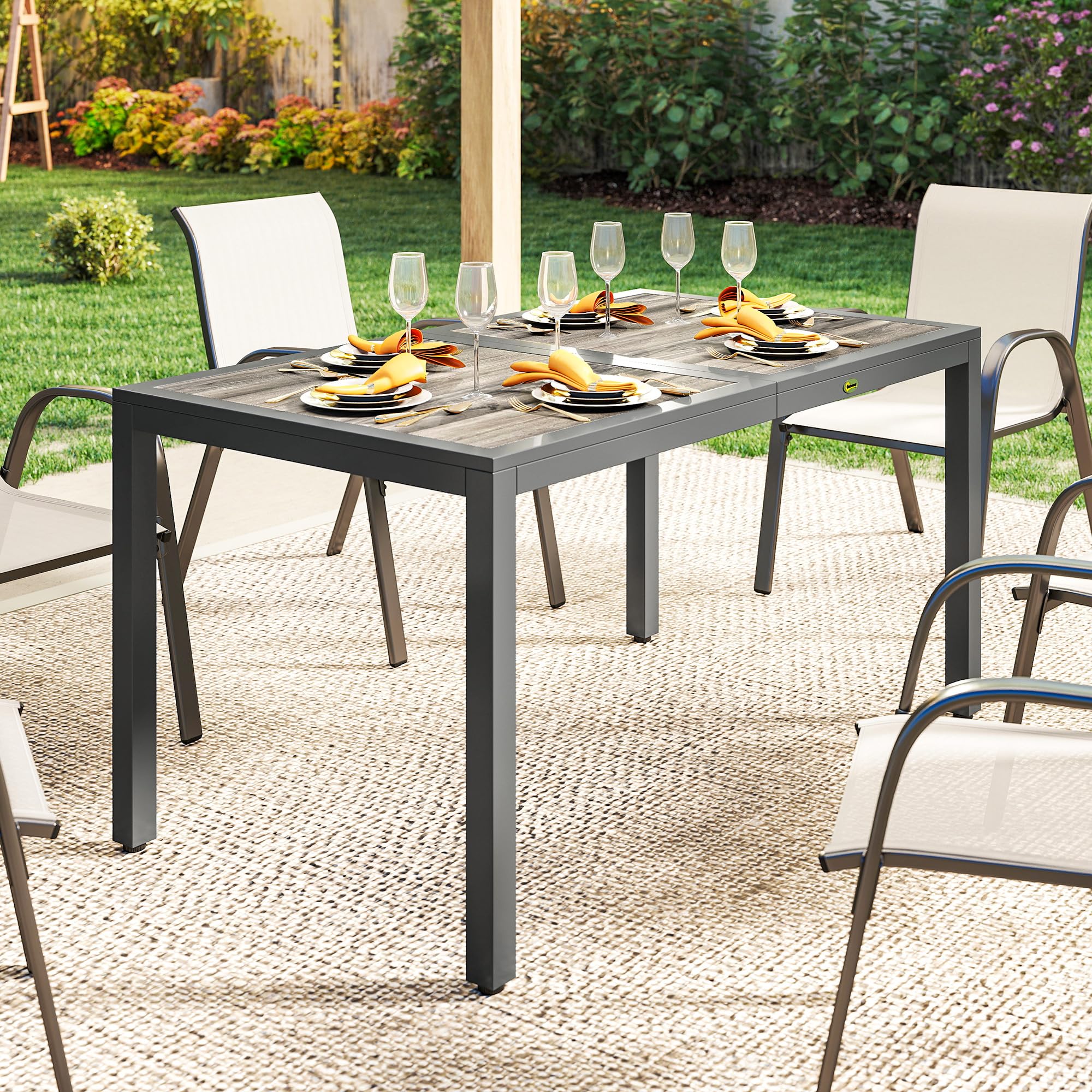 Outsunny Tavolo Giardino Rettangolare Acciaio 140x80x72cm Grigio Scuro | Per 4-6 persone, tavolo da pranzo outdoor, piano effetto legno, ideale per patio, balcone, portico