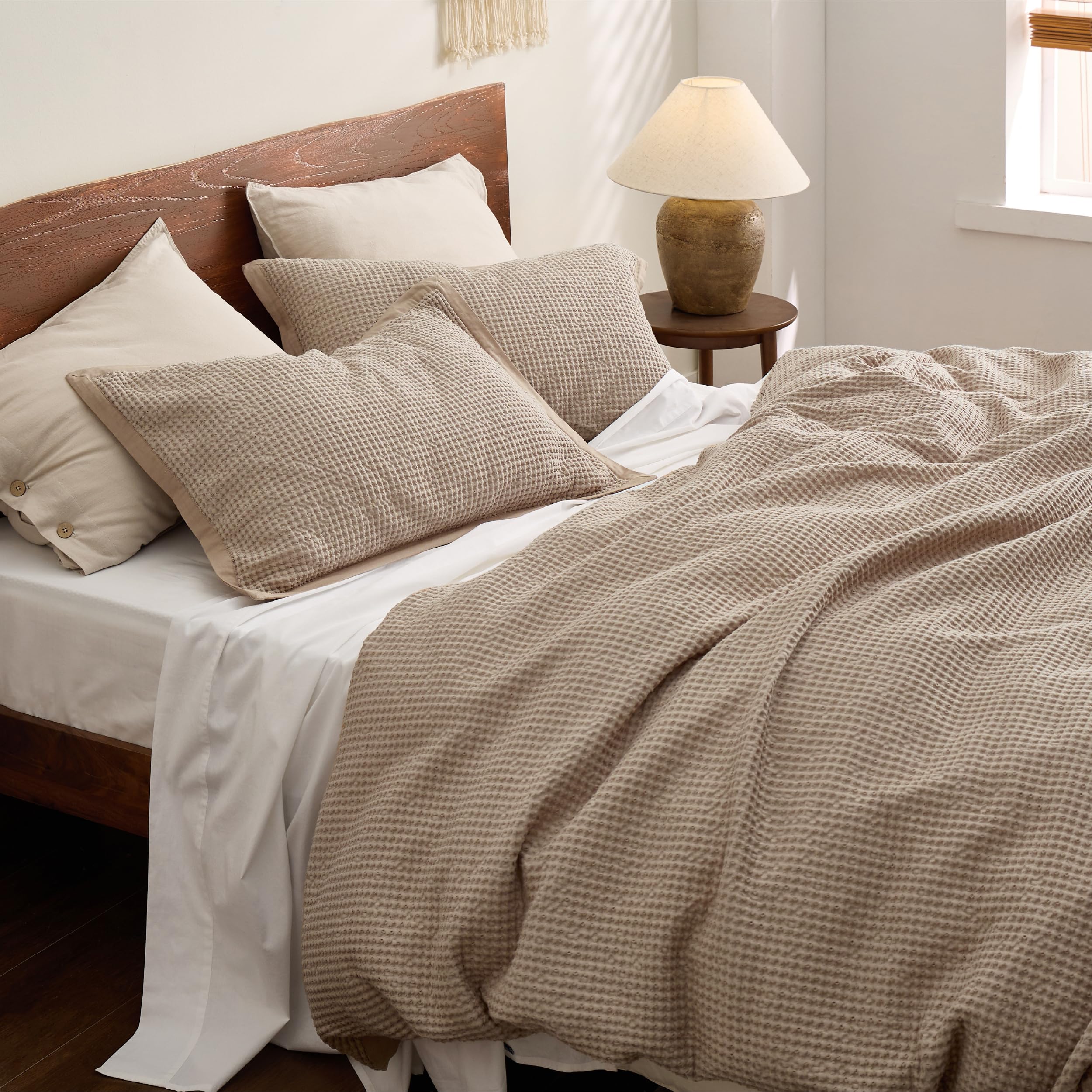 Juego para cama con funda de edredón con tejido tipo waffle, 100% algodón, 3 piezas de edredón de lujo, juegos de cama de color liso suave y transpirable para todas las estaciones 3