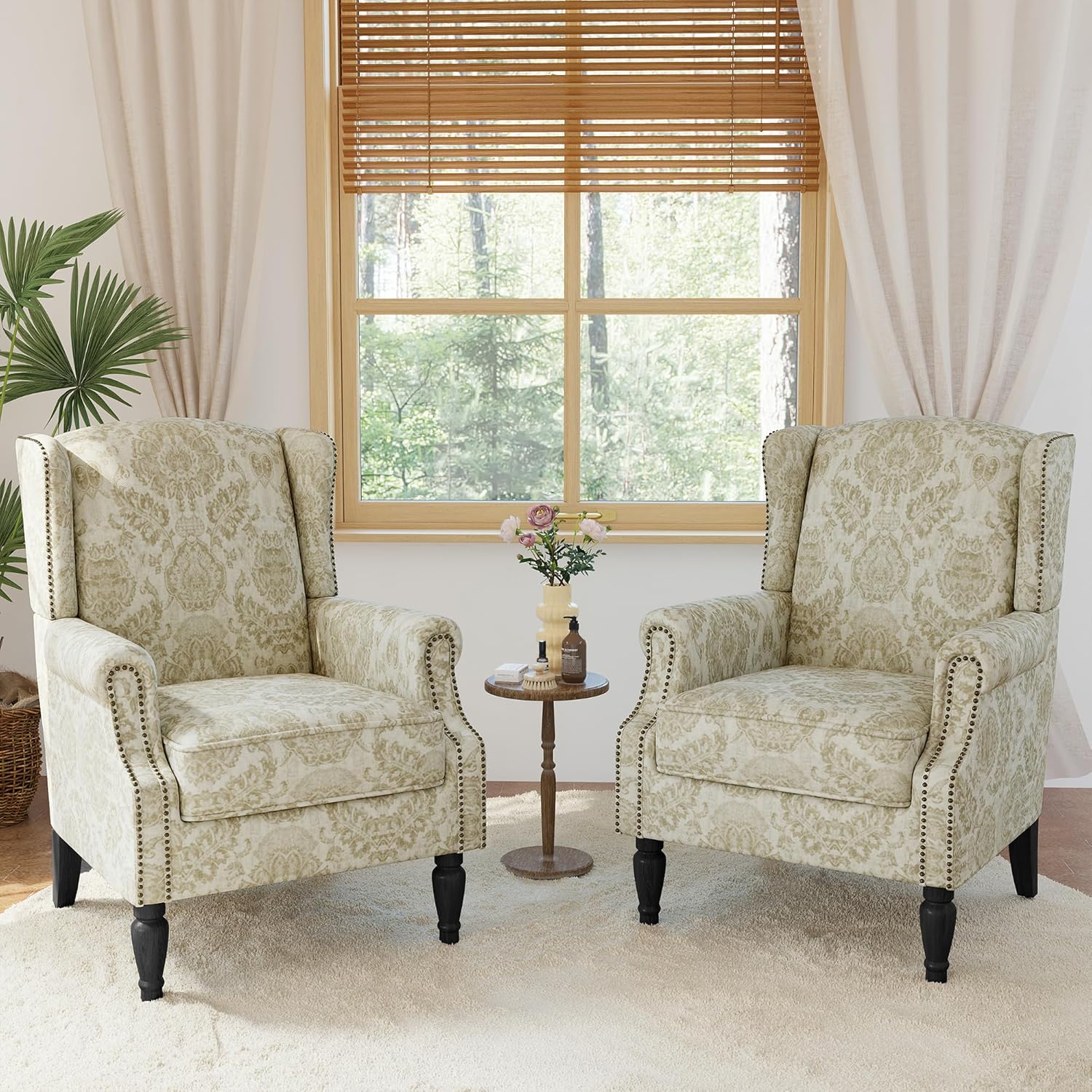 Wingback Chairs Set of 2, High Back Floral Accent Chair in Fabric, Comfy Upholstered Armchair with Nailhead Trim for Living Room, Single Sofa Reading Chair for Small Spaces, Bedroom-White