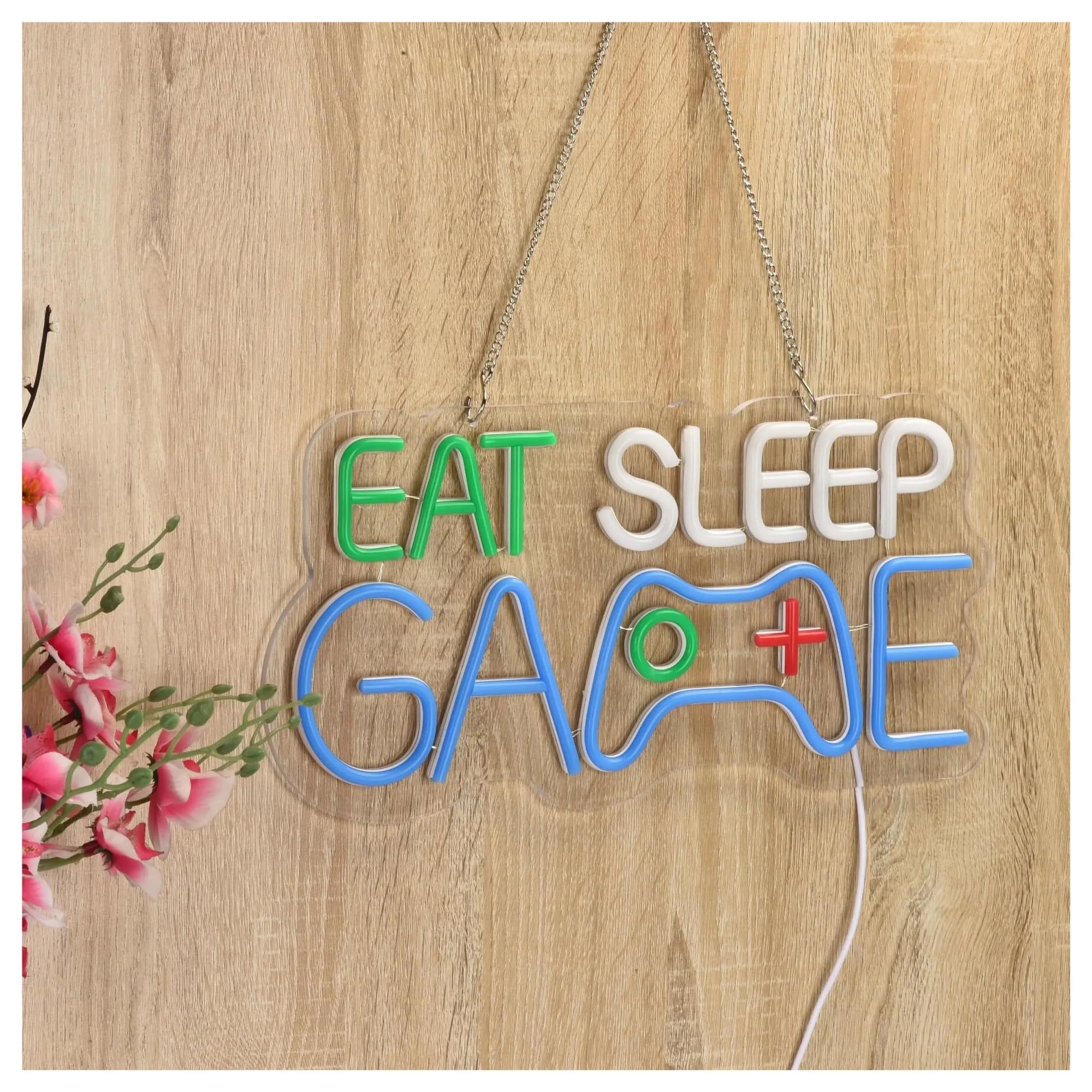 Luces de neón Letrero De Neón Con Luz Para Gamepad Eat Sleep Game Para Habitación De Gamer, Lámpara De Noche LED, Decoración De Pared 41.91cm×20.32cm