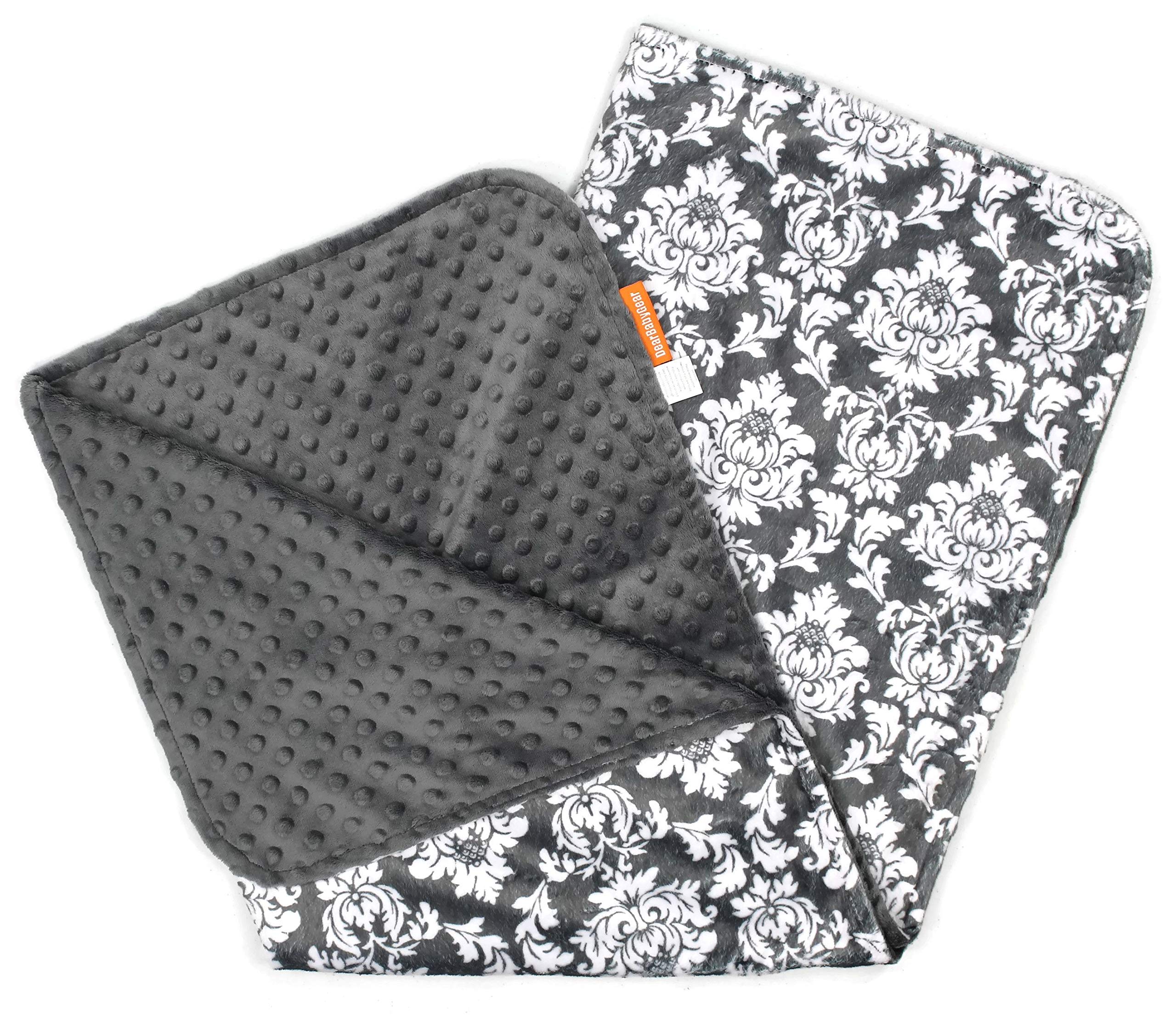 Dear Baby Gear Deluxe Baby Blankets, Custom Minky Print Double Layer Grey and White Damask, Grey Minky Dot, 38 inches by 29 inches