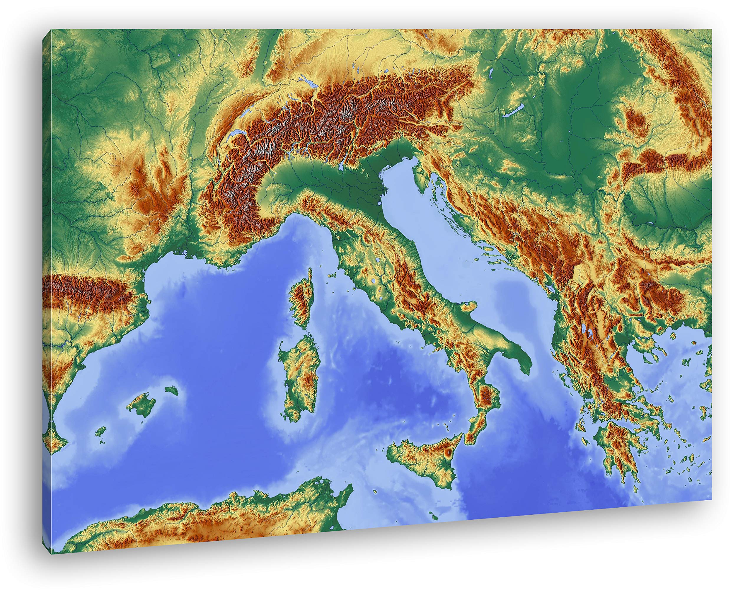 Mapa de los Alpes (Lienzo, Marco de Madera auténtica, impresión Digital Marco, sin póster ni Cartel), 100x70