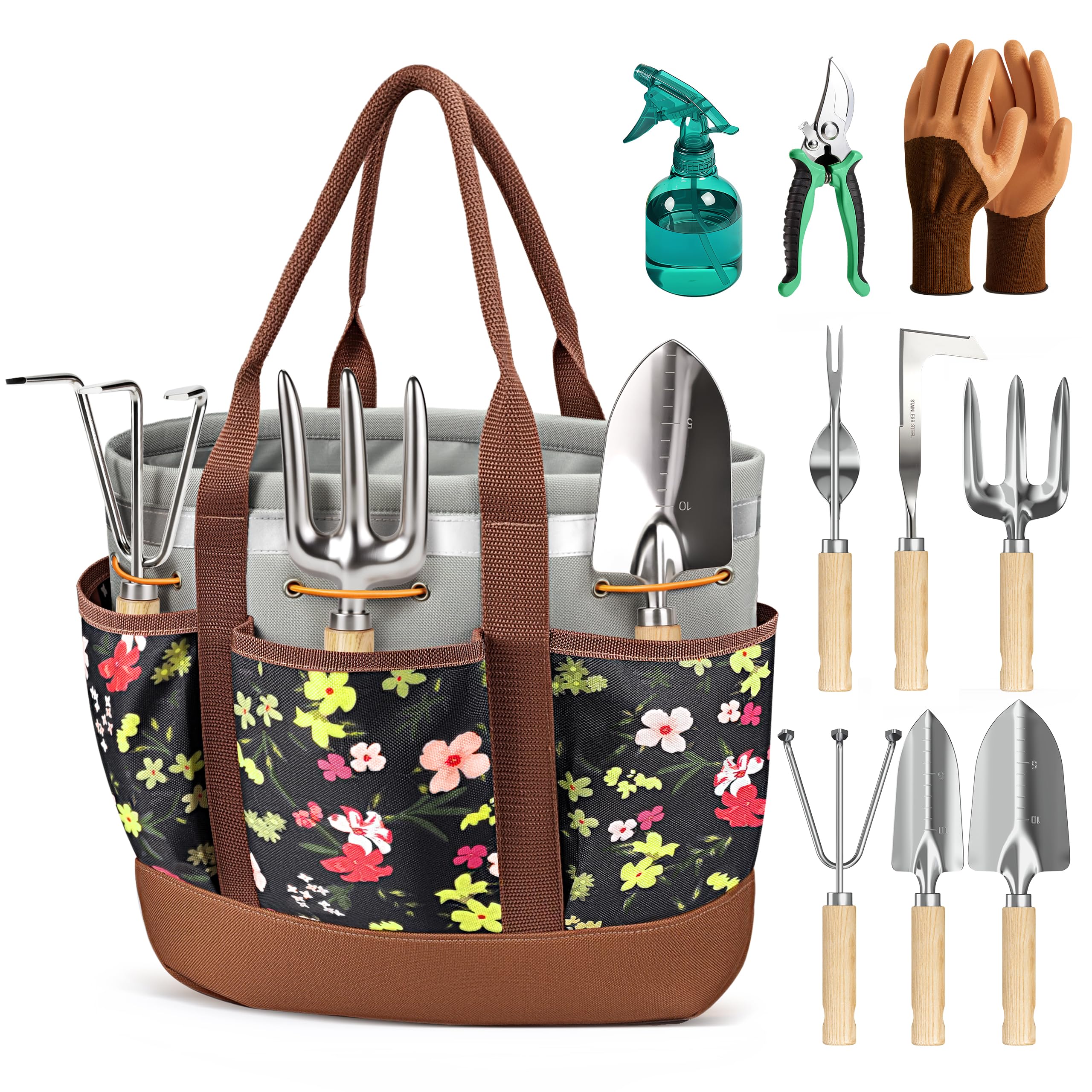10-Piece Garden Tool Set, Heavy-Duty Stainless Steel Rust-Proof Gardening Tools with Ergonomic Wood Handles, Reinforced Organizer Handbag for Planting, Gardening Gift Set for Women, Mother