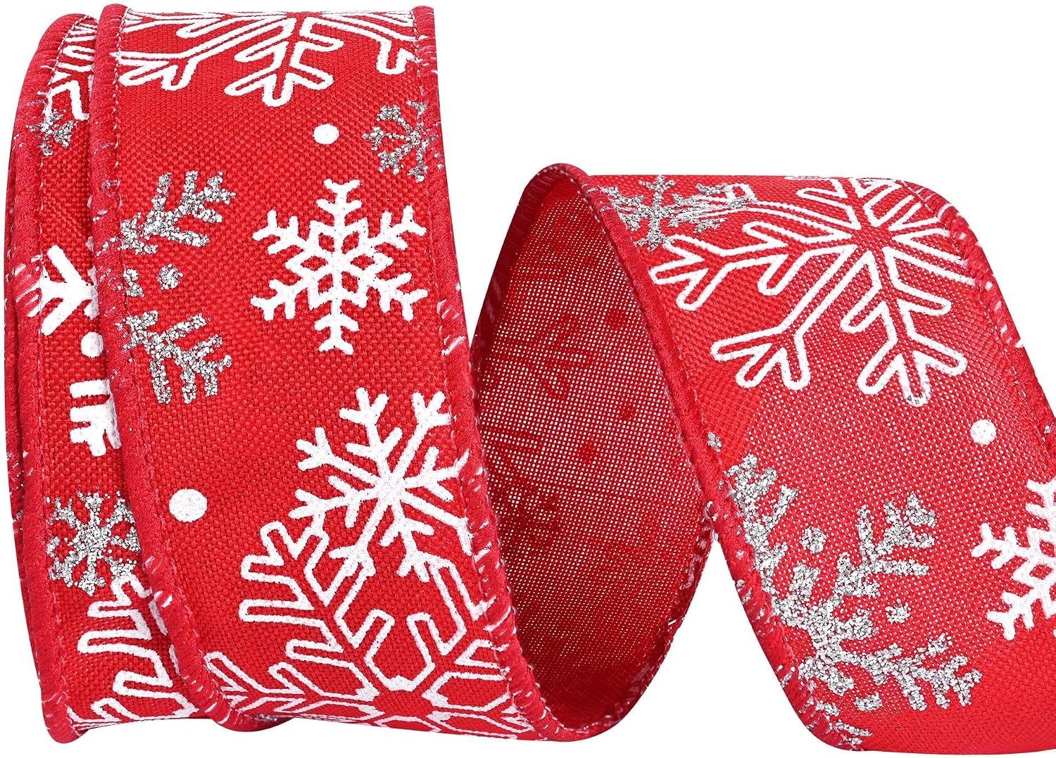 White Satin with Red Snowflake Wired Ribbon 2.5 Inch x 15 Yards for Home Decoration Bow Gift Wrapping DIY Crafts