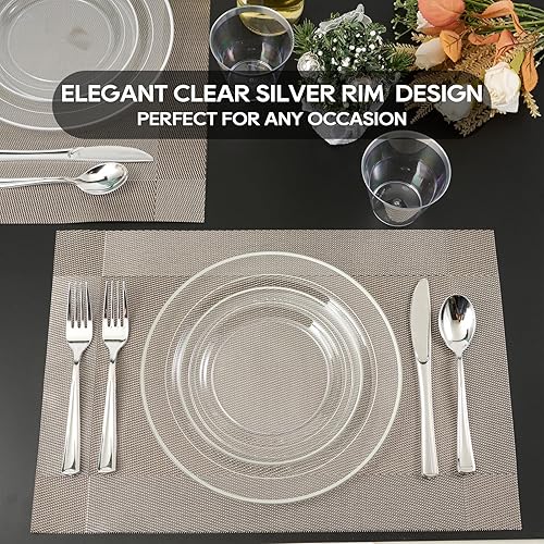 Miniatura 6 de FOCUSLINE 100 Clear Silver Plastic Plates 10 Inch, Disposable Heavy Duty Clear Plates with Silver Rim, Premium Hard Plastic Plates Fancy Disposable