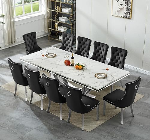 Miniatura 26 de Juego de mesa de comedor de mármol de 9 piezas para mesa de comedor grande de mármol blanco de 8 y 94 pulgadas con base de acero inoxidable en forma