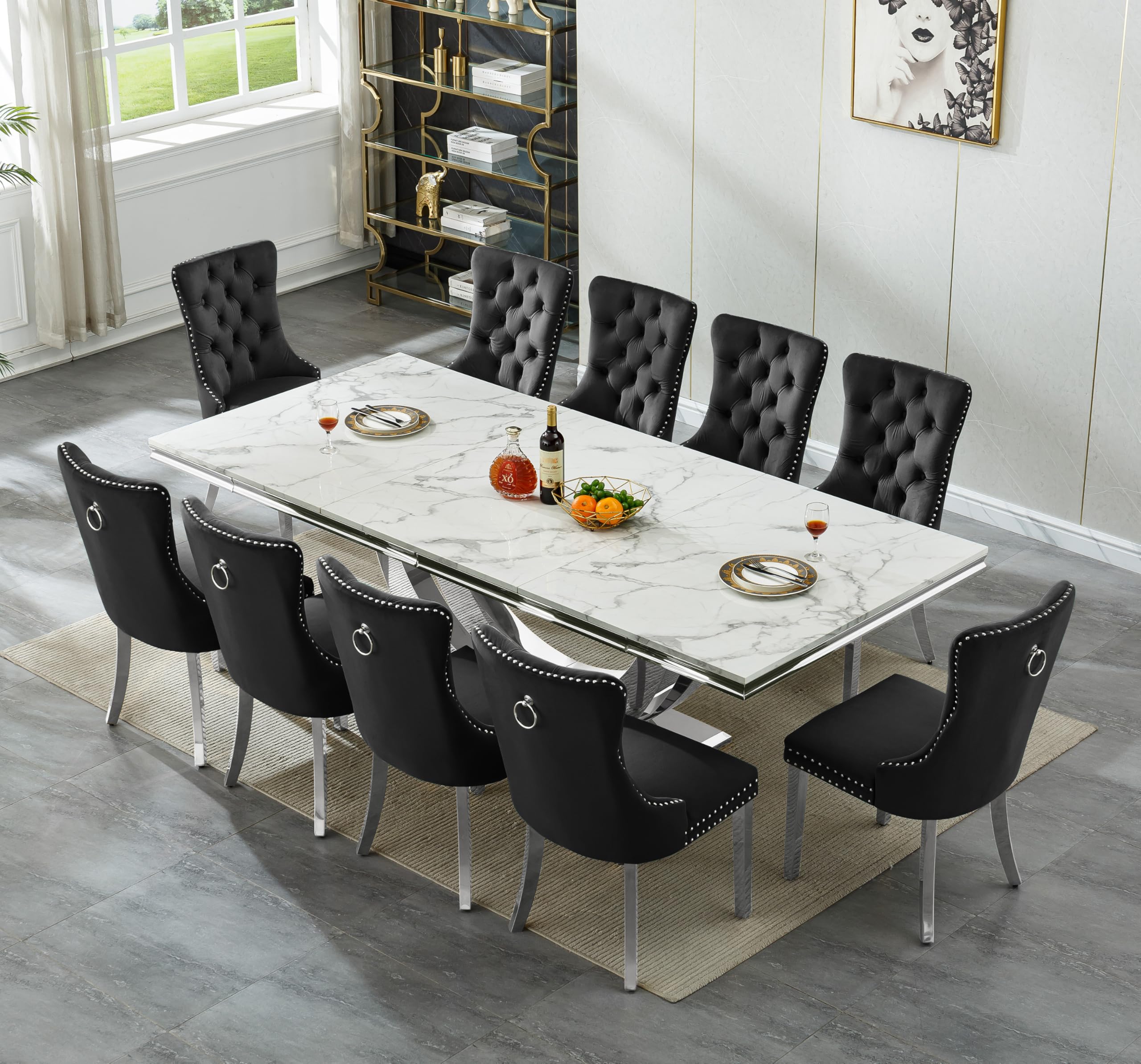 94.5" Large Marble Dining Table Set for 10, Luxury White Silver Kitchen Table with 10 Black Velvet Dining Chairs, Modern Fuax Marble 11-Piece Dining Room Table Set for 10 w/Stainless Steel U-Base
