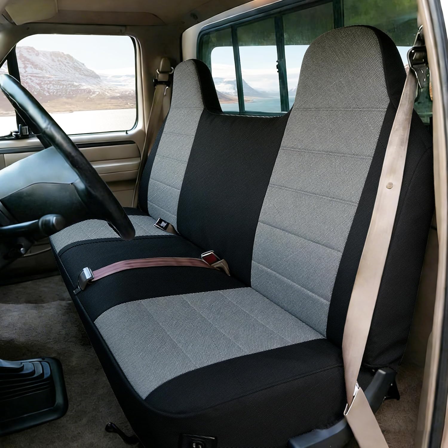 Bench Seat Covers for Ford F-150 F-250 F-350 1992 1993 1994 1995 1996 1997 1998 Custom Fit Front Solid Bench Seat with Molded Headrests Knitted Fabric Soft Foam Lining Gray