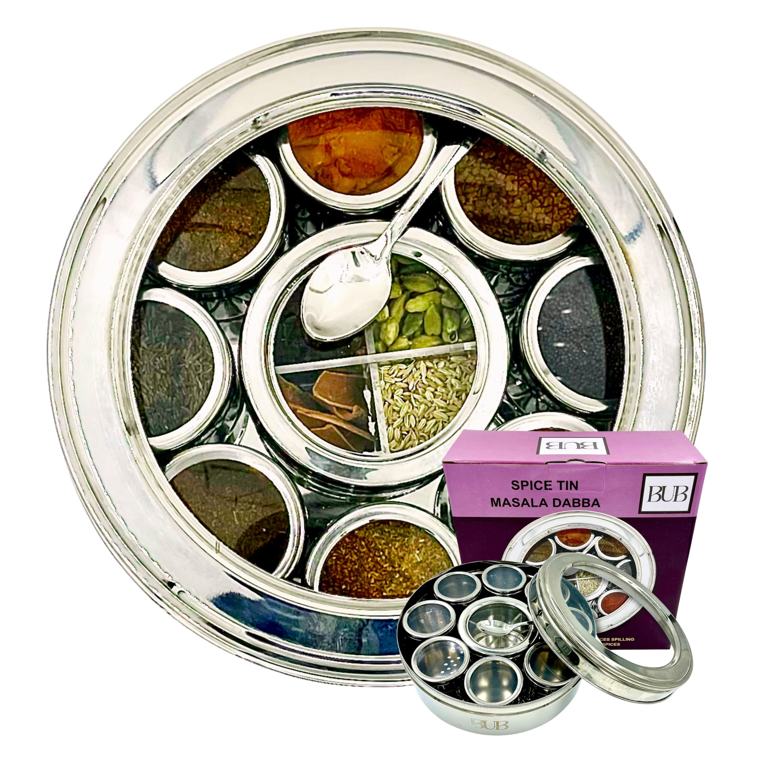 Large 22cm Premium Spice Tin Masala Dabba | 9 Spice Jars with Individual Lids | Holds 12 Spices | Polished Stainless Steel with Serving Spoon & Clear Acrylic Lids | Spice Box (SPICE TIN 9)