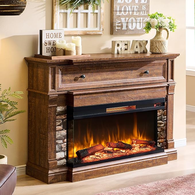 OKD 52" Electric Fireplace with Mantel, Fireplace TV Stand