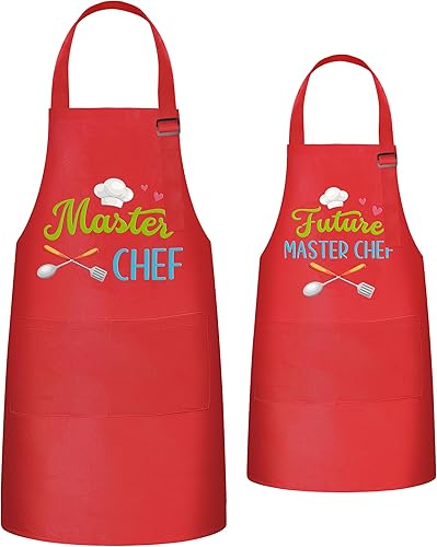 Vista 14 de R HORSE Juego de 2 delantales a juego para adultos y niños Papá y yo, delantal de cocina ajustable con 2 bolsillos para padres e hijos, regalo a