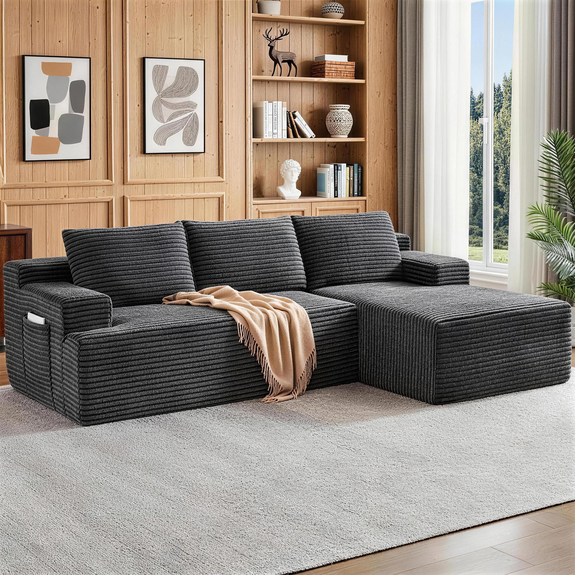 Boneless Couch, Modular Sectional Couches for Living Room, U-Shaped Cloud Couch Sofa with Deep Seat, Fluffy Corduroy Upholstered Corner Sofa