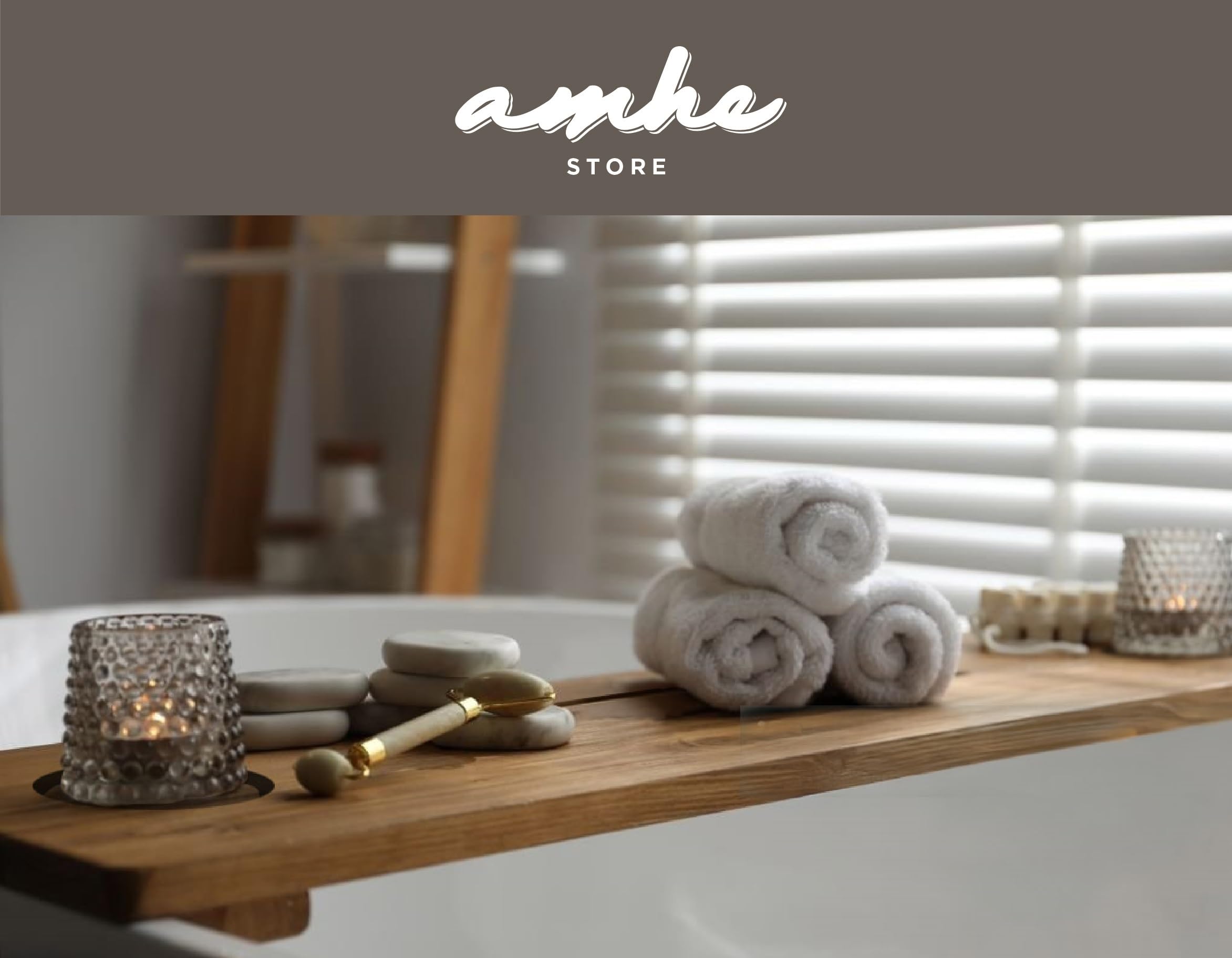 Amhe Store! Luxury Rustic Acacia Wood. Durable, Water-Resistant, Minimalistic, Adjustable 35x9 inches. Bath Tub Tray Wood Bath Tray for Tub. Unique Grain for Relaxation + 10 Free Tealight Candles