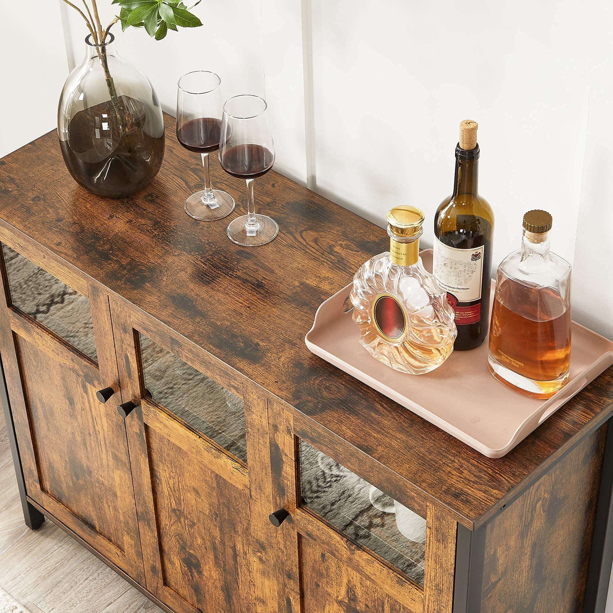 VASAGLE Aramrio de Almacenamiento, Aparador con Puertas de Cristal, para Comedor, Salón, Cocina, Estilo Industrial, Marrón Rústico y Negro Tinta LSC099B01
