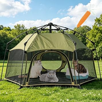 Catio Outdoor Cat Enclosure Cat Tent with 2 Doors, Waterproof & Portable, Mesh Wall, Connectable to Play Tunnels,Indoor/Outdoor Cats Enclosed Playpen for Patio Balcony Courtyard Camping-Green