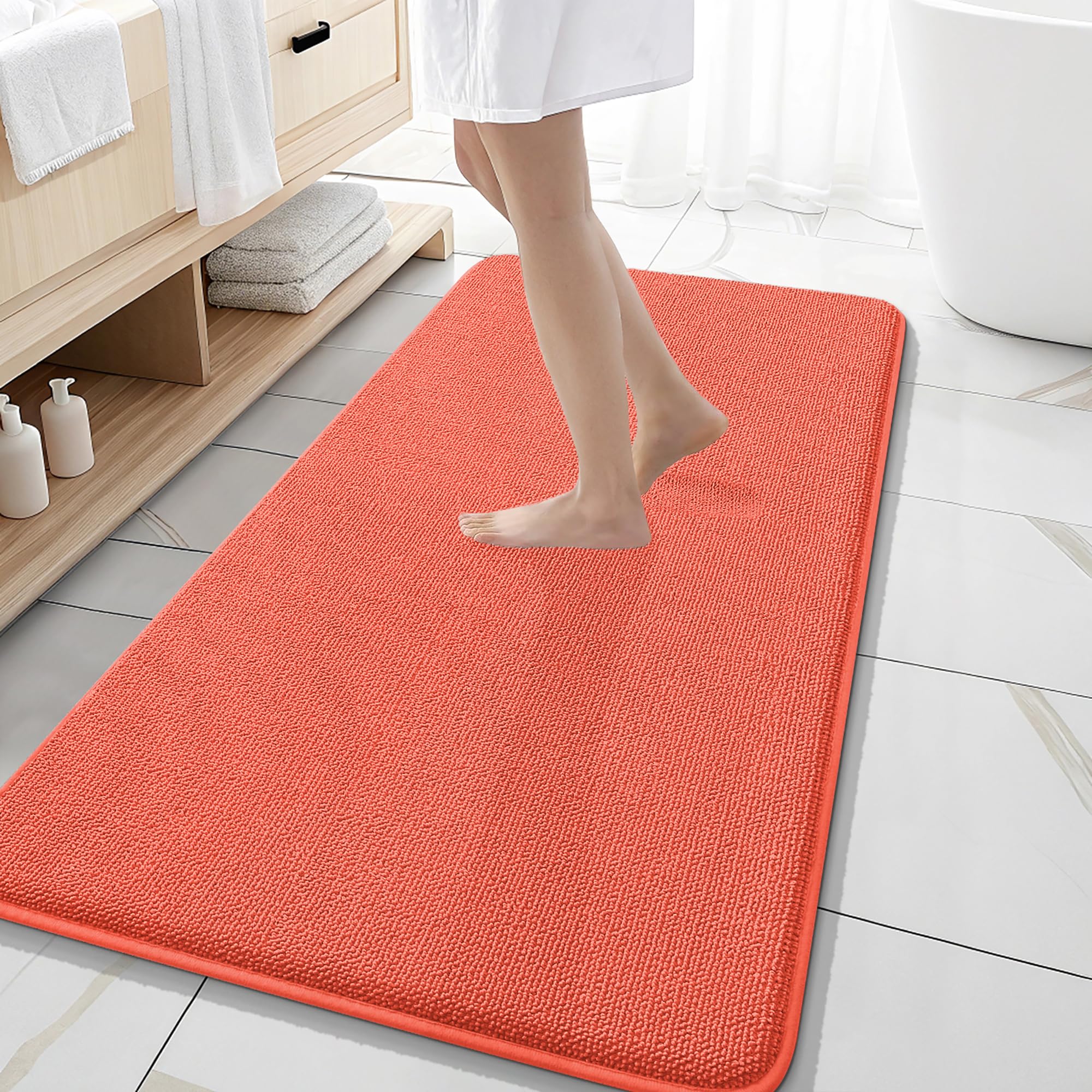 OLANLY Memory Foam Bathroom Runner Rugs 47x20, Absorbent Long Mat, Coral