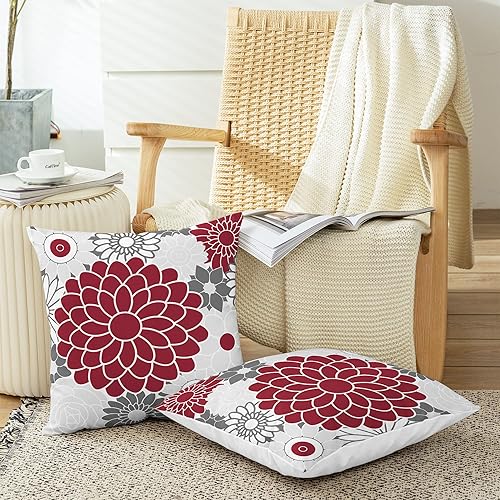 Miniatura 5 de CaliTime Juego de 2 fundas de almohada decorativas de forro polar con flores florecientes de dalia floral para sofá, cama, sofá, decoración de casa