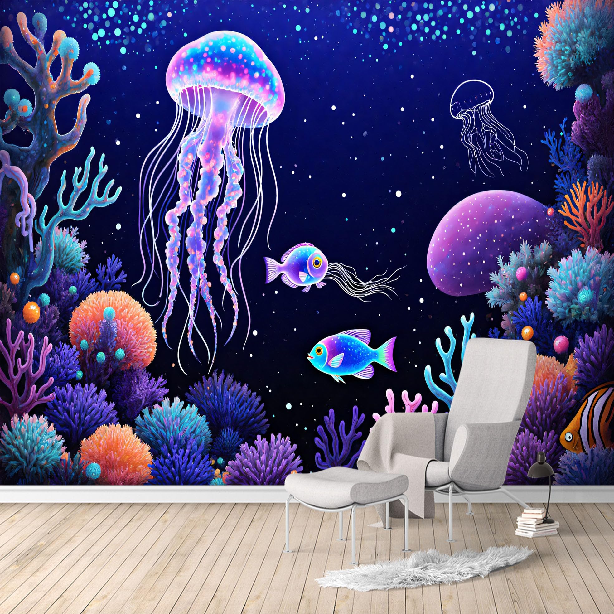 Custom Size Wall Murals, Colorful Jellyfish Coral Reef Ocean Underwater Scene, SelfAdhesive Water Activated Removable Wall Covering, Large Photo Wallpaper for Living Room Bedroom Office