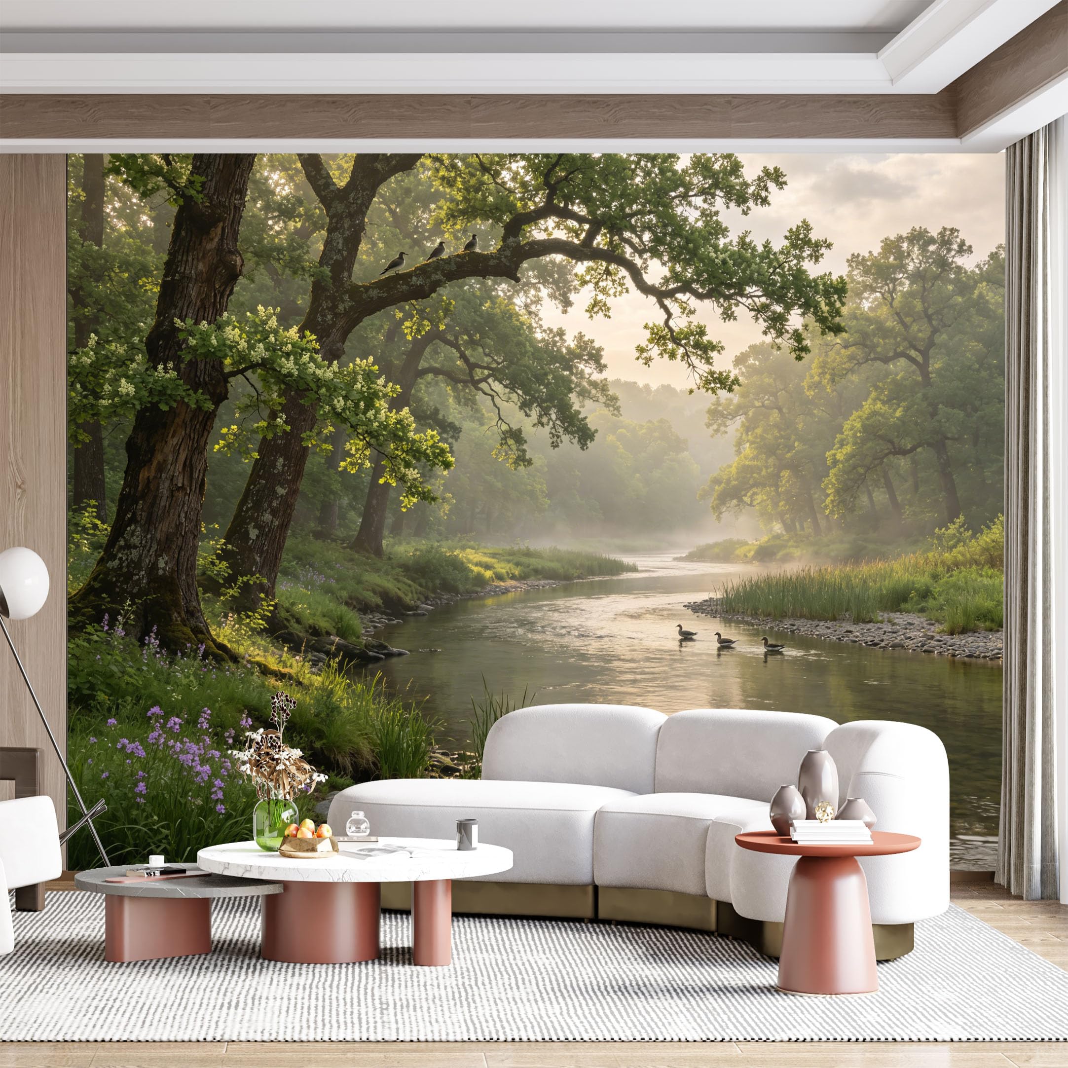 Custom Size Wall Mural Serene Forest River Wildlife Landscape Watercolor SelfAdhesive Wall Fabric Removable for Home Office Decor