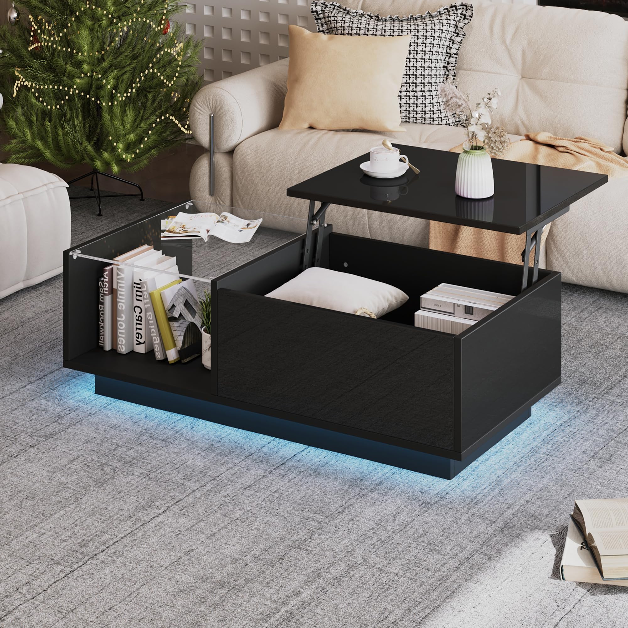 okwish Couchtisch Höhenverstellbar mit LED & Stauraum, Schwarz Hochglanz