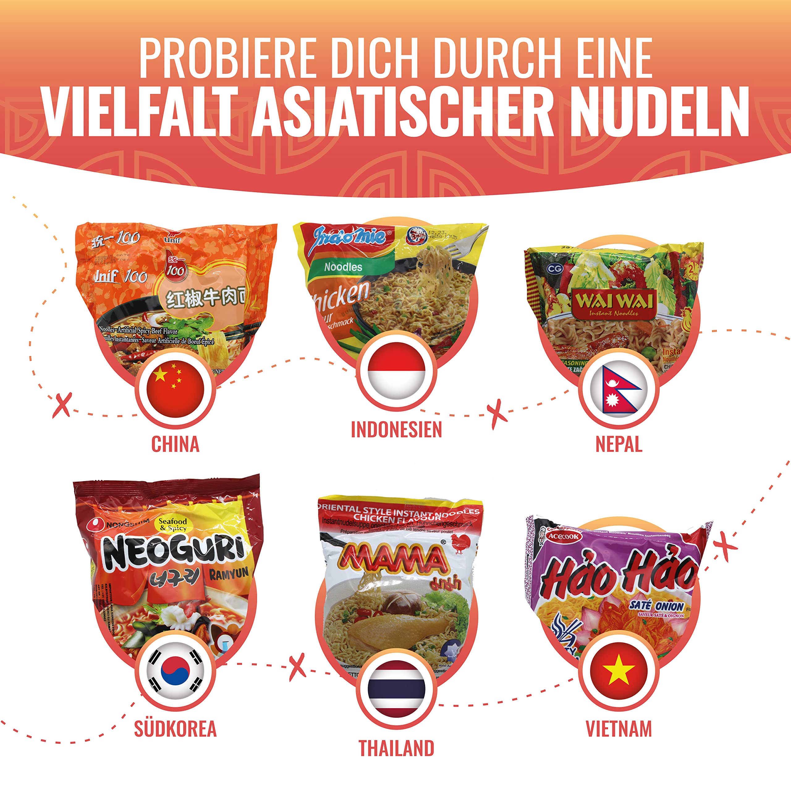 NASCHMASCHINE | Asia Instant Nudeln Box | 30 verschiedene Sorten von MAMA, Indomie | Asia Ramen Udon aus Rind, Schwein, Shrimps, Huhn, Gemüse Geschmack