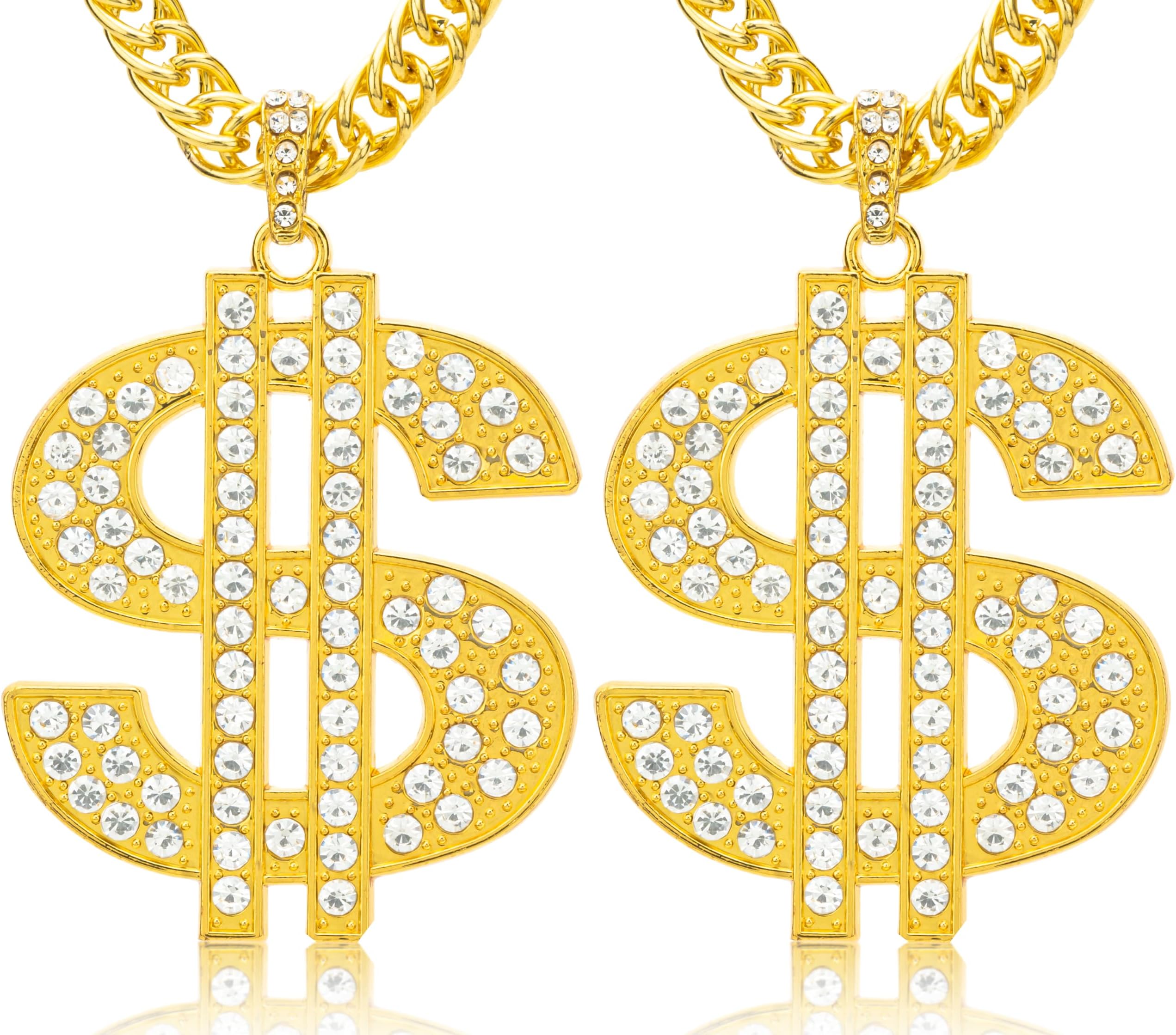 2 Pieces Gold Digger Costume Rotatable Hip Hop Rapper Chain Money Chain Necklace for Men with Dollar Sign Pendant Necklace, Big Fake Gold Necklace