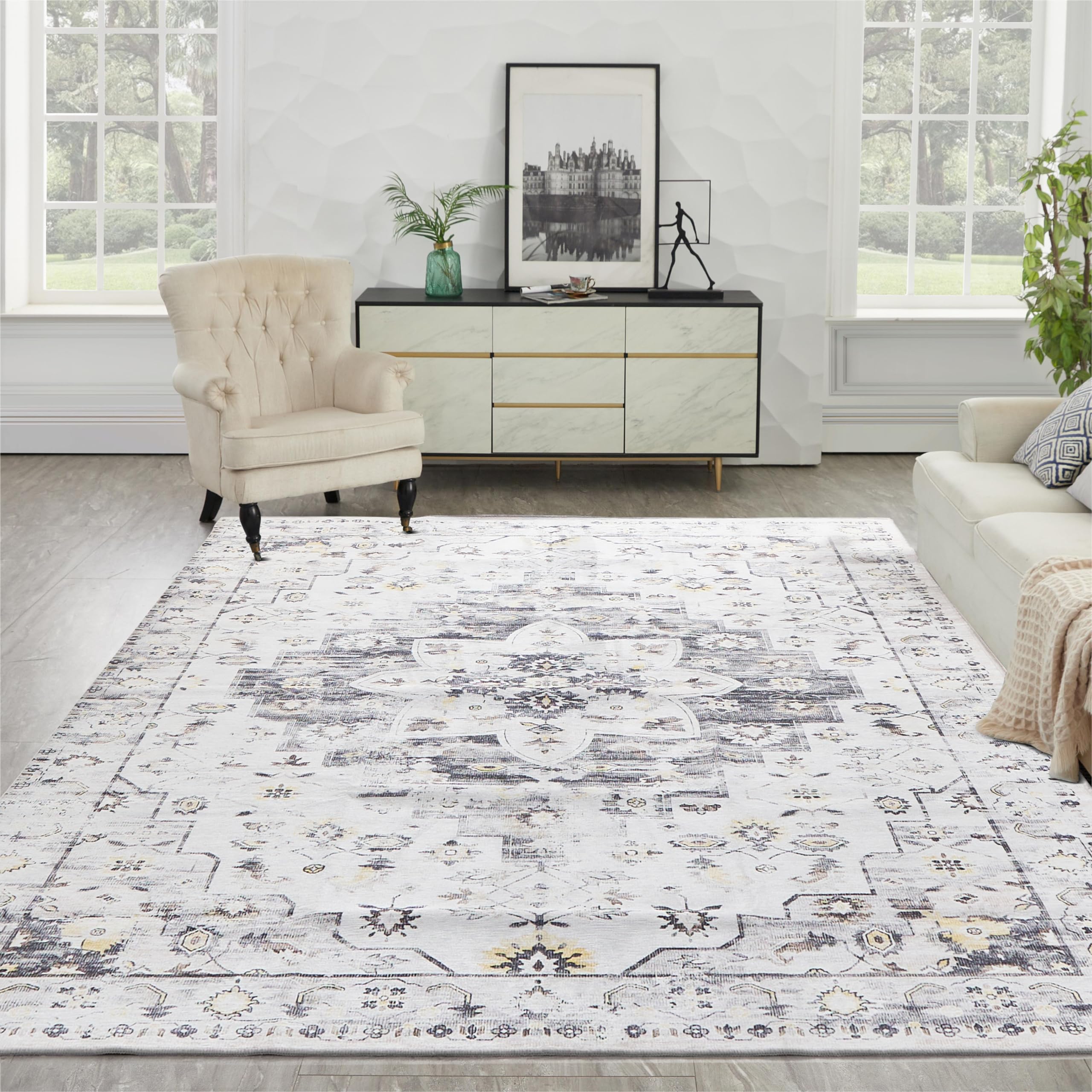 Washable Area Rug, 3'x 5' Entryway Rug with Non Slip Backing, Ultra-Thin Distressed Non-Shedding Vintage Rug, Floor Mat Indoor Rug for Entryway Bedroom Kitchen Living Room