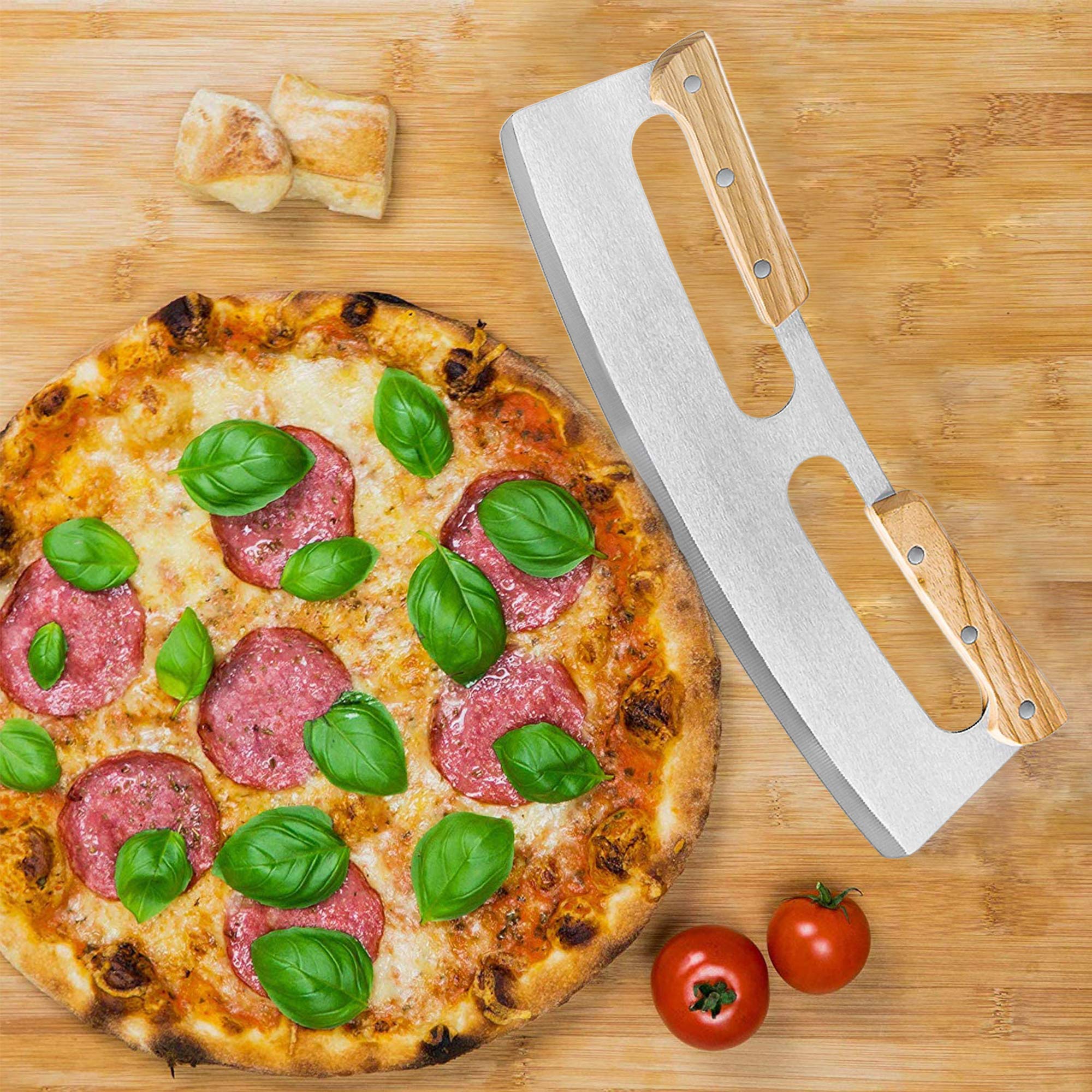 Cortador Pizza, Corta Pizza Profesional Cortador de Pizza de Acero Inoxidable de 35 cm con Mango de Madera, Cuchillo Pizza Rápido e Incluso Profesional