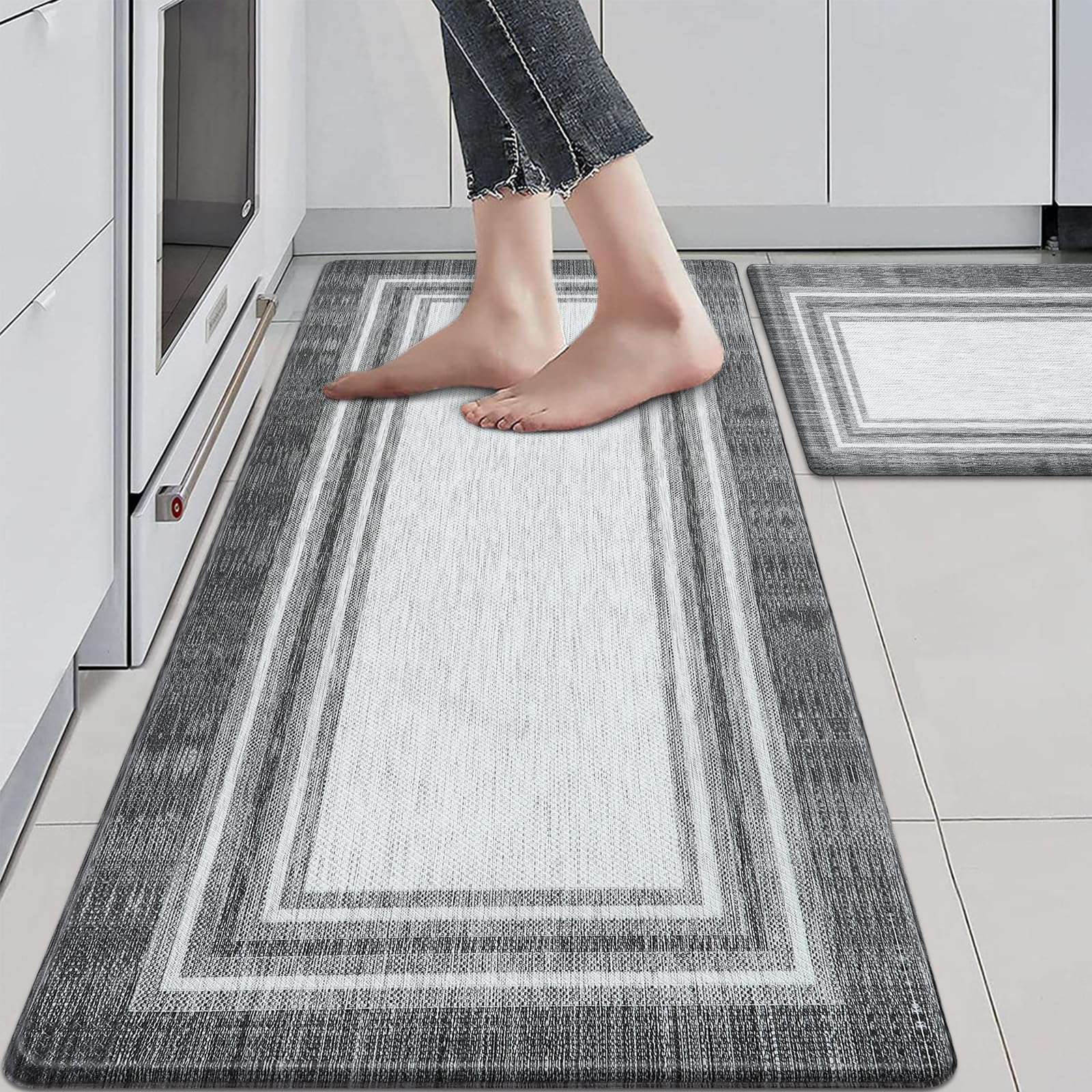 KIMODE Anti Fatigue Kitchen Mats for Floor 2PCS,17"x47"+17"x29" Farmhouse Kitchen Rugs Non Slip Rubber Backing,Waterproof Cushioned Standing Mat for Office,Laundry,Sink,Desk,Grey