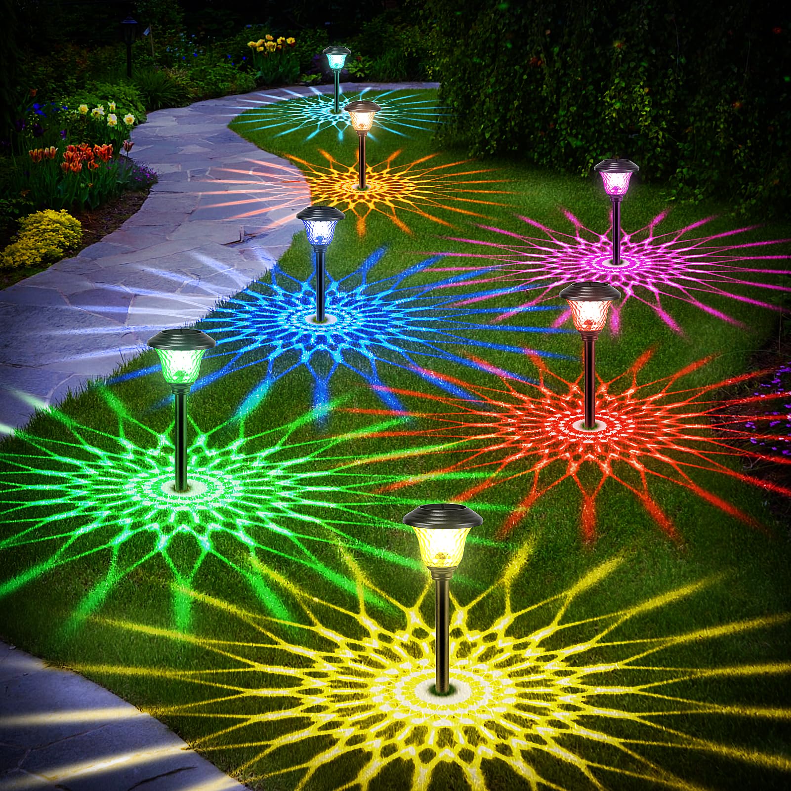 Paquete de 8 luces solares de camino para jardín al aire libre, cambio de color, blanco cálido, blanco brillante, IP65, impermeable, acero inoxidable, decorativo, paisaje, camino, patio, luces