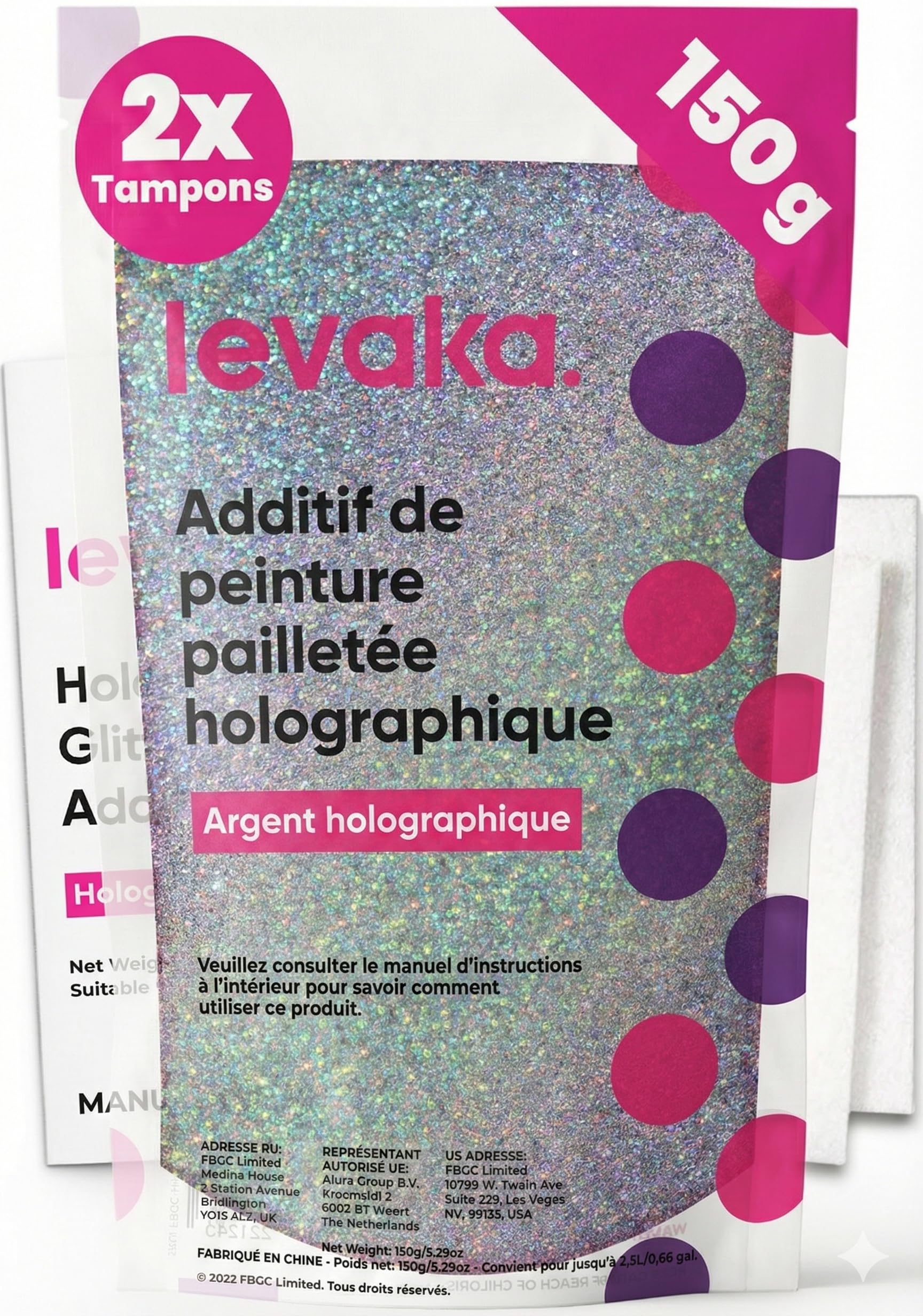 Levaka Holographic Silver Glitter for Paint, 5.3oz, 2 x Buffing Pads – Glitter for Painting Walls for Luminous Paint Finish on Interior or Exterior Walls, Ceilings, and Wood - Glitter Paint Additive