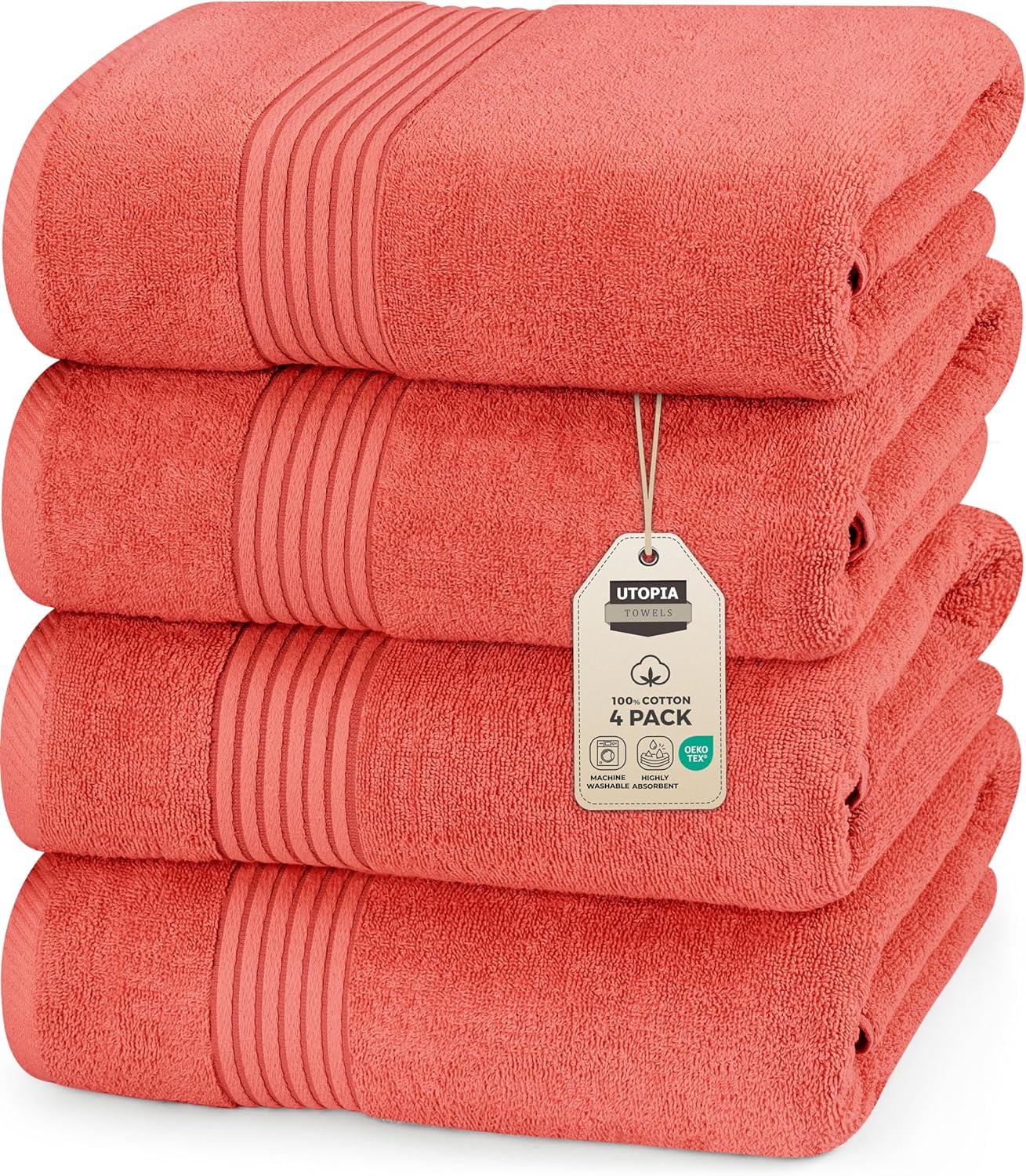 Utopia Towels 4 Pack Bath Towels Set, 27 by 54 Inches, 100% Ring Spun Cotton, Quick Dry, Highly Absorbent, Soft Feel Towels, Perfect for Daily Use, Coral