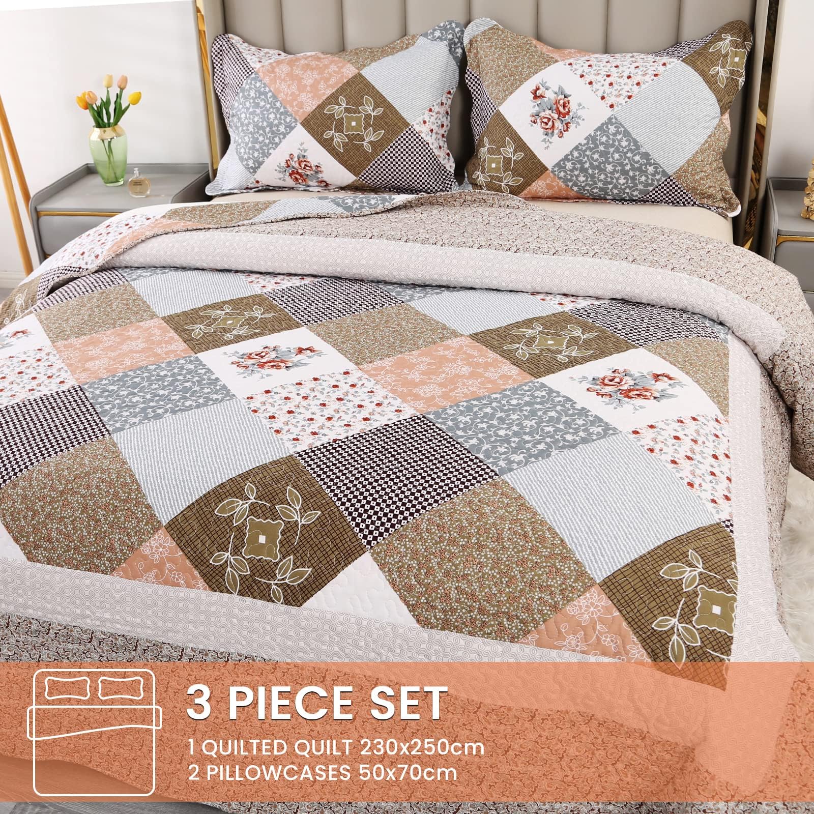Qucover Couvre Lit Matelassé Couverture Patchwork Courtepointe 100