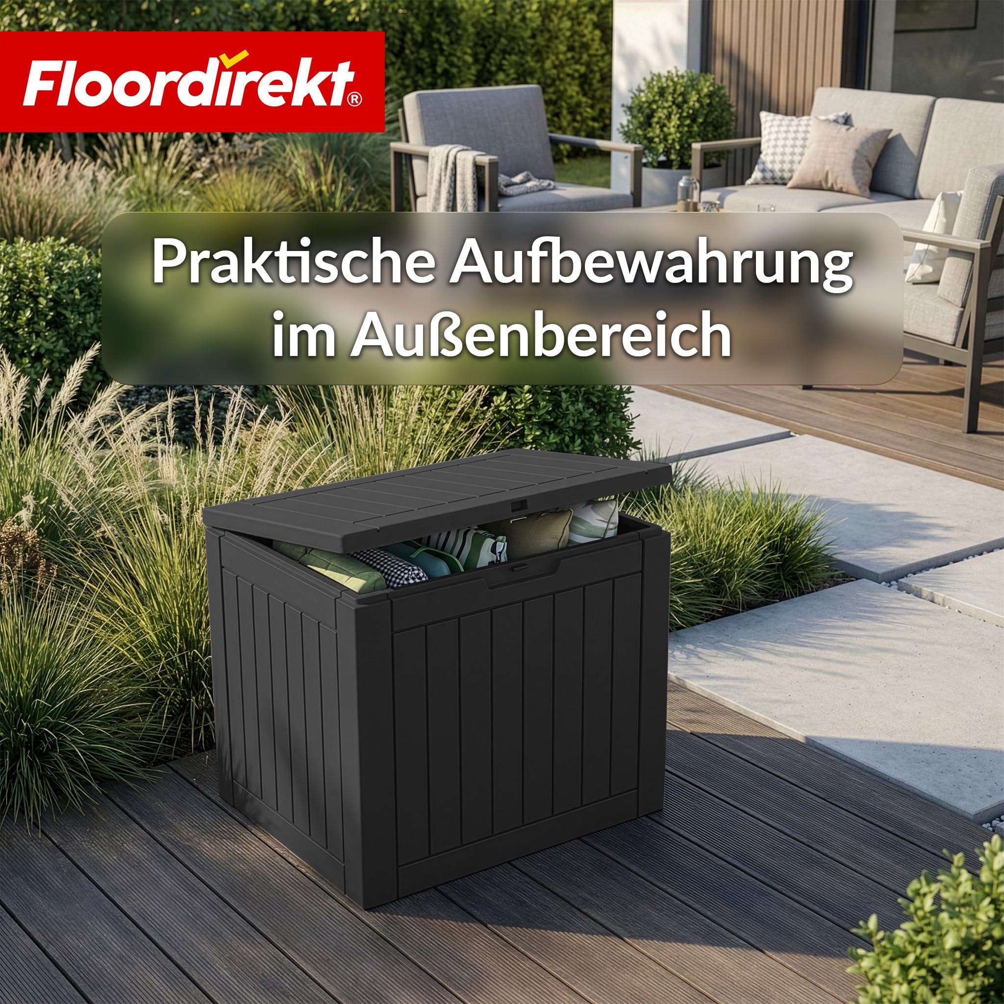 Floordirekt Aufbewahrungsbox - Anthrazit- Wetterfeste Auflagenbox für Terrasse & Balkon - 118L - Gartenbox - 56 x 43 x 53 cm (118 L)