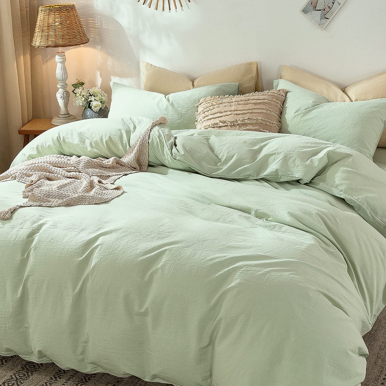 MooMee Bedding Duvet Cover Set 100% Washed Cotton Linen Like Textured Breathable Durable Soft Comfy (Tannish Linen Grey, King) — view 132
