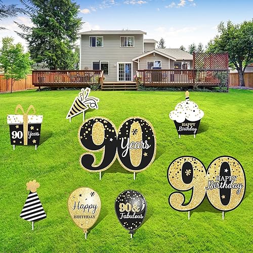 Juego de 8 letreros de feliz cumpleaños 90 para patio, decoraciones de cumpleaños de 90 años negro y dorado para hombres, carteles de césped de 90