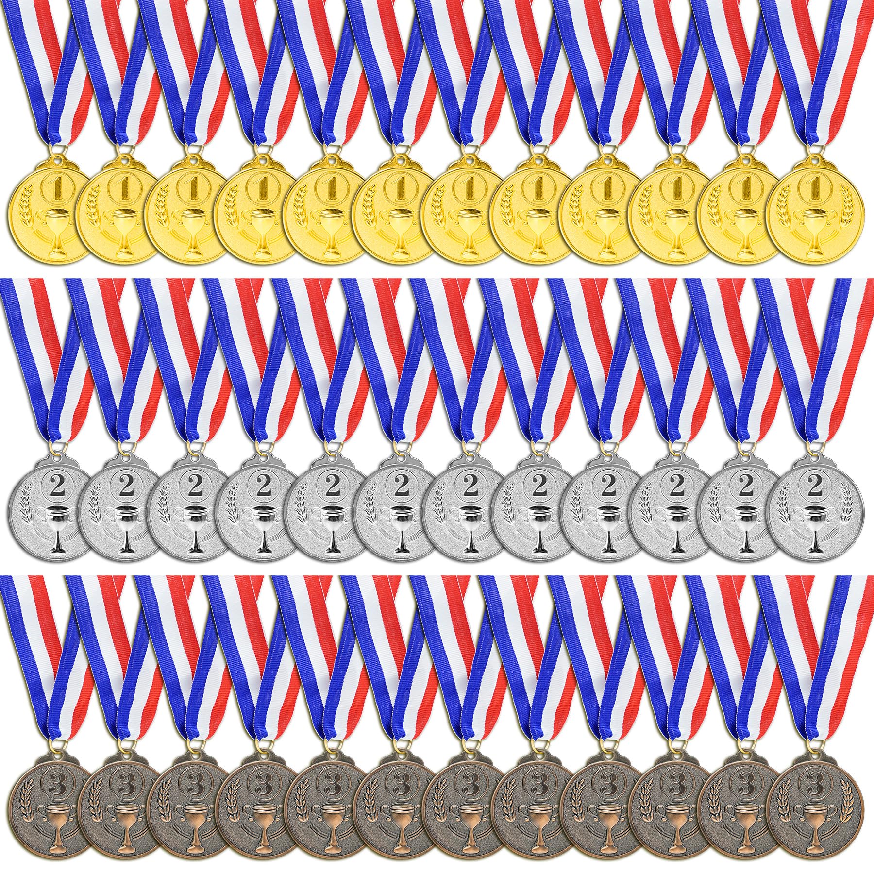 Brelet 36 pcs Medailles d'or Médaille d'argent Médaille de Bronze en Métal avec Rubans de Cou Medaille Foot Anniversaire Ski Travail Sport pour Recompense Sport Day Diamètre env. 5 cm