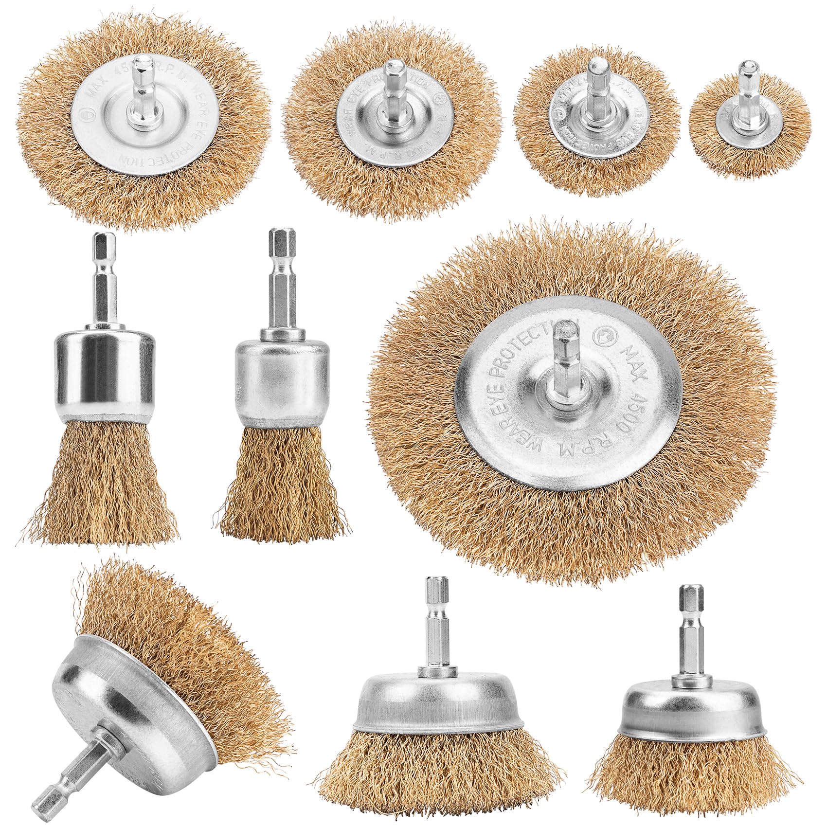 Junchamp 10Pcs Gold Wire Brush For Drill, 10 Piece Drill Wire Brush Set, Brass Coated Wire Cup Brush With 1/4 Inch Shank, Wire Brushes Drill Attachment For Rust Removal, Stripping & Abrasive Cleaning