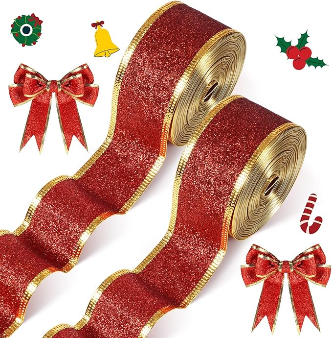 Amazon.com: 2 Rolls 20 Yards Christmas Wired Blue Glitter Ribbon ...