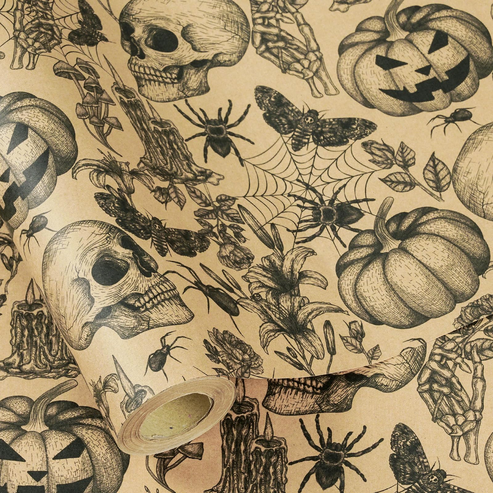 RUSPEPA Kraft Autumn Wrapping Paper Mini Roll, Vintage Black Skull, Spider, Pumpkin & Gothic Floral for Halloween, 43.2cm x 5m