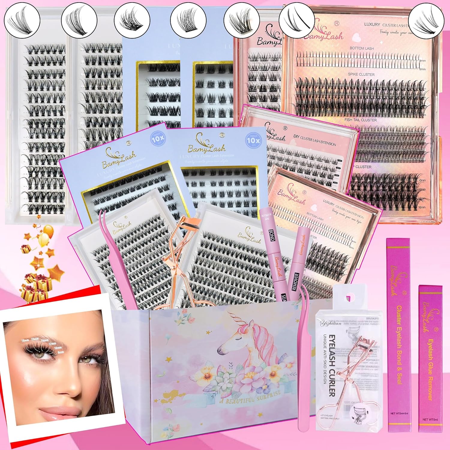 BamyLash DIY Lash Clusters Kit with Eyelash Curler, Bond&Seal, Remover, Tweezers, 6 Boxes Individual Cluster Lashes Extension Set (Diy Lash Clusters Set)