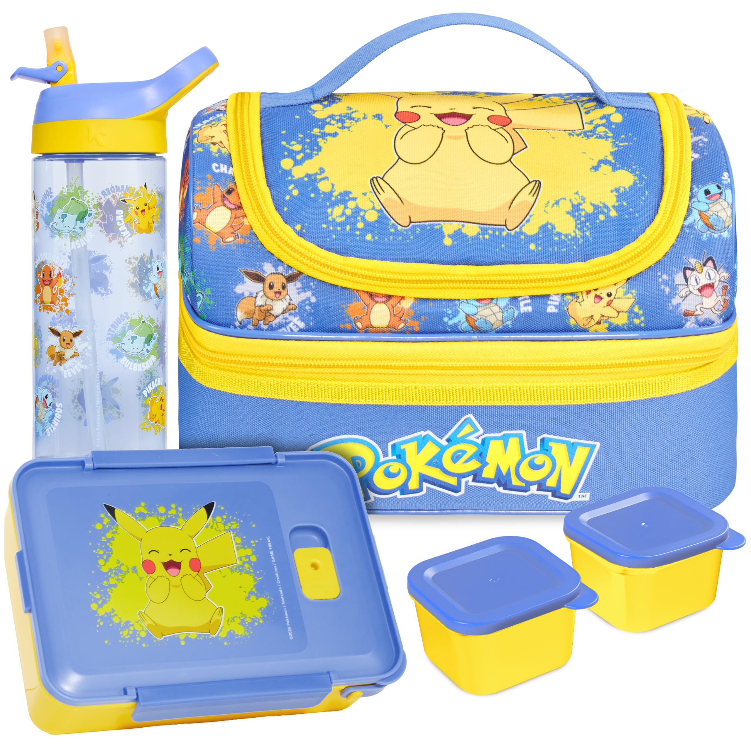Get Trend Pokemon Insulated Lunch Bag Set, 3 Pcs Kids Bento Lunch Box with 2 Pots, 600ml Water Bottle & Food Carrier, BPA Free Bento Snack Box Set, Travel Picnic School Supplies (Blue/Multi Pokemon)